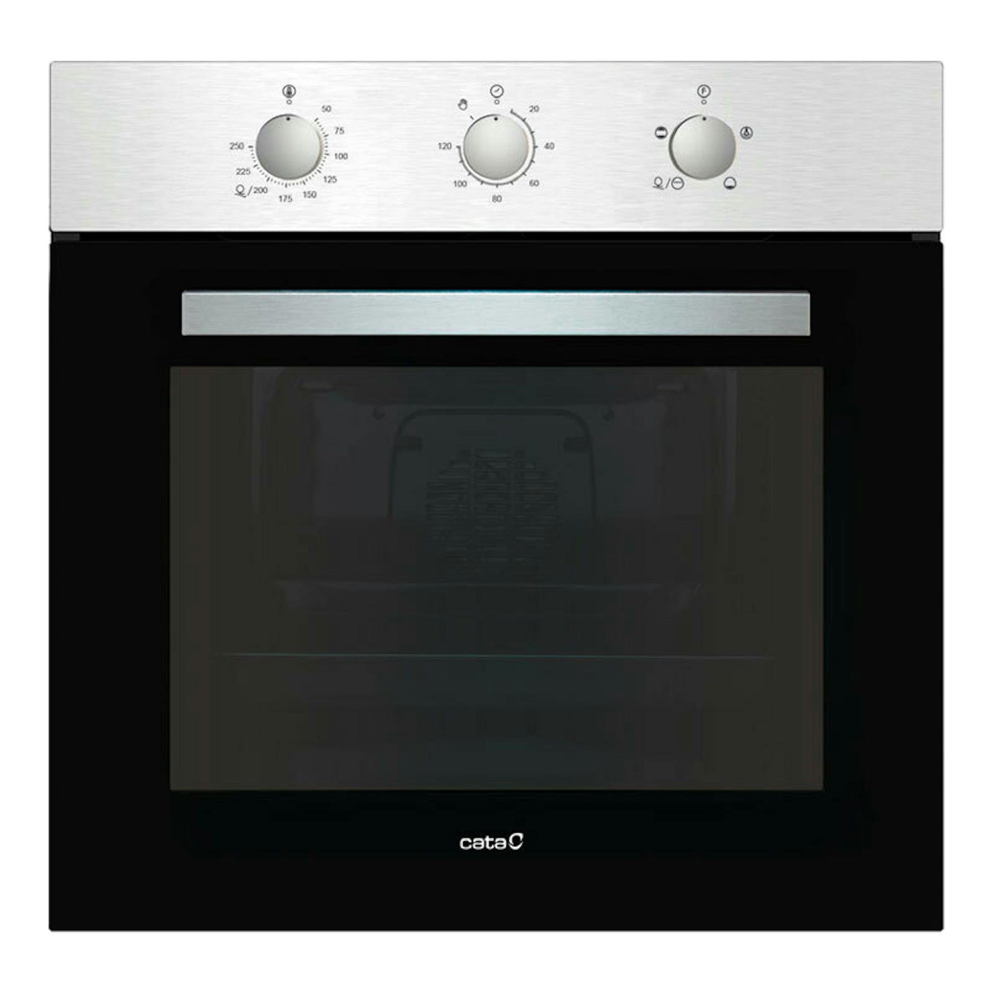 Horno Cata SES7104X/C inox de 60 cm, vista frontal, con panel negro y tres mandos plateados.