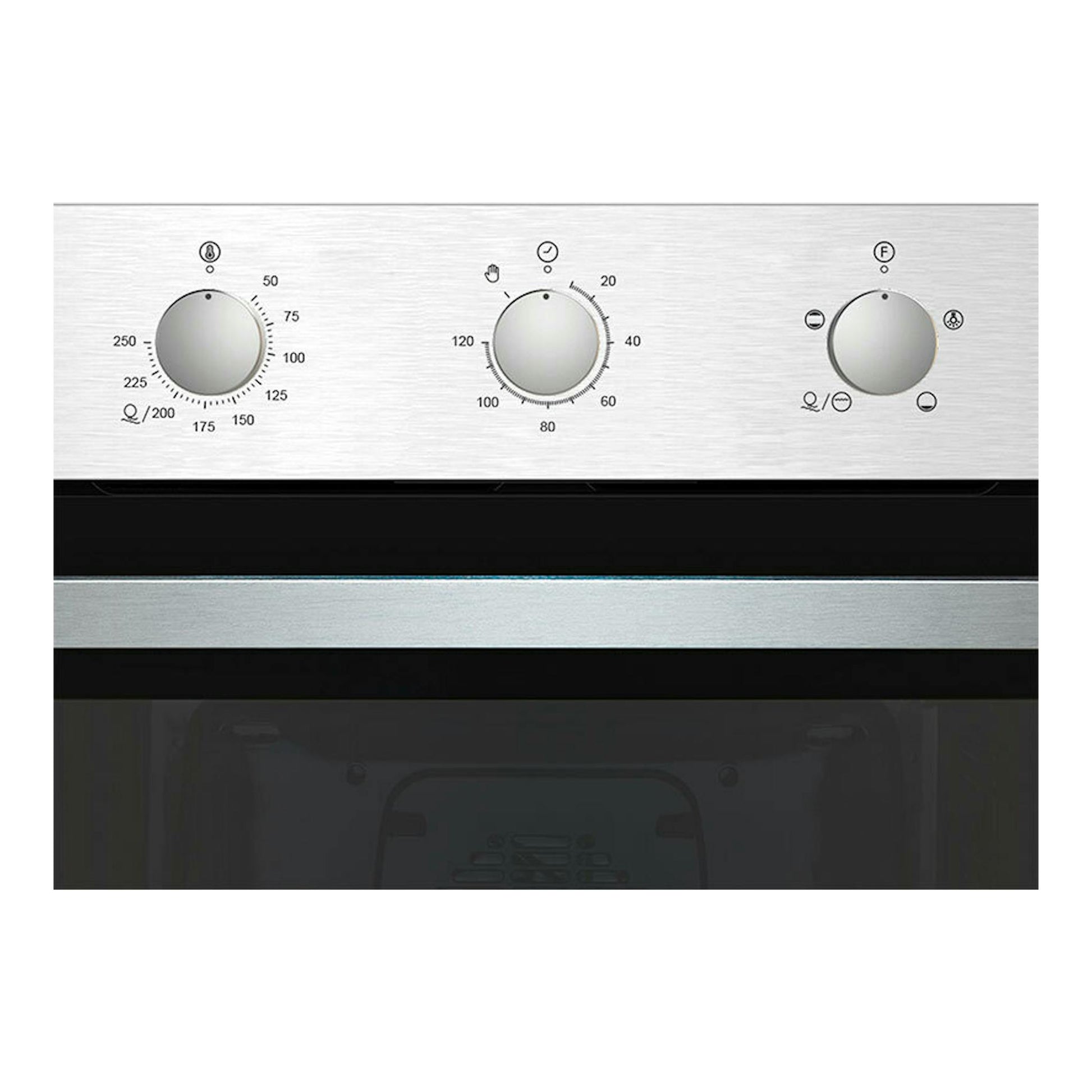 Horno Cata SES7104X/C de inox, frontal con tres mandos y puerta de vidrio negro.