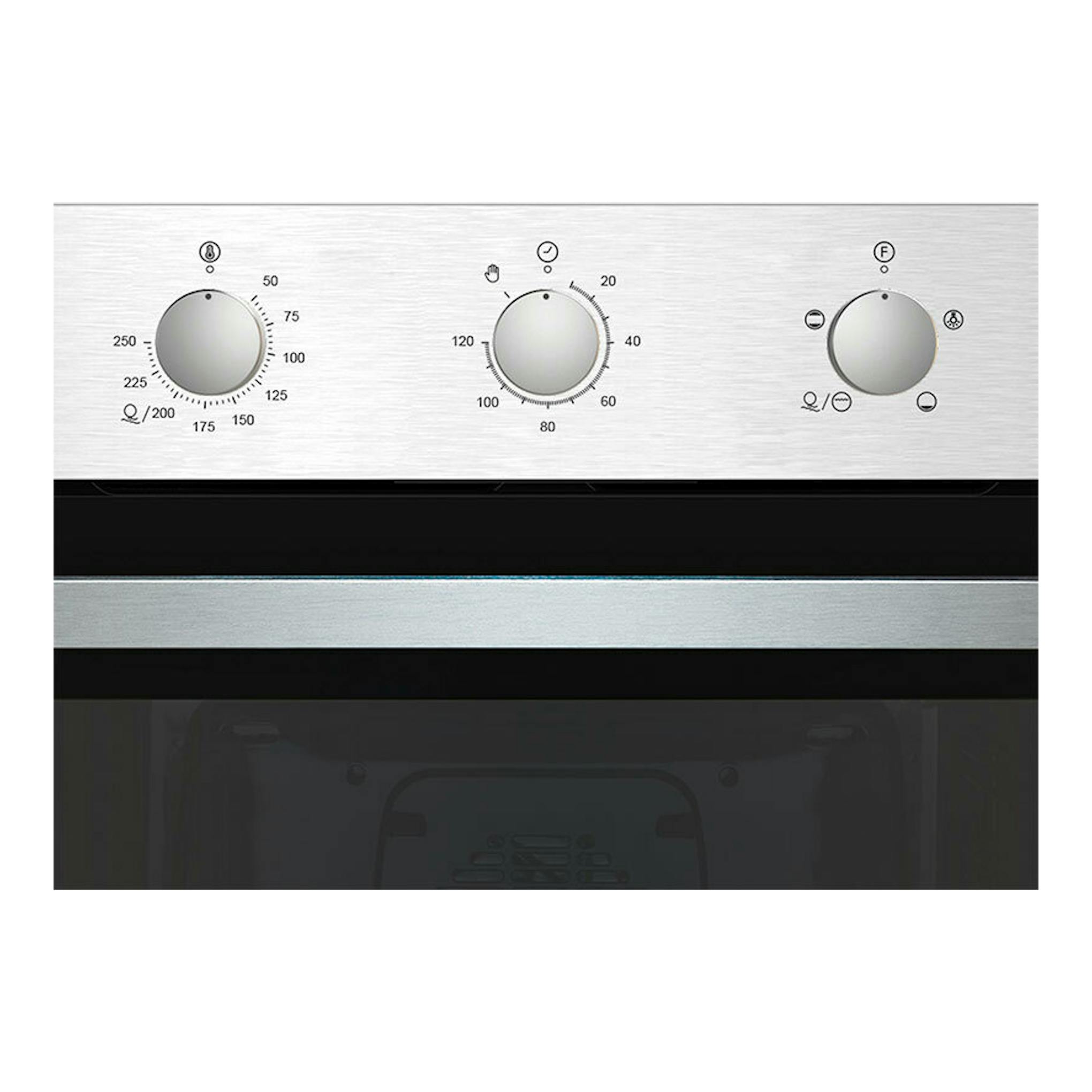 Horno Cata SES7104X/C de inox, frontal con tres mandos y puerta de vidrio negro.