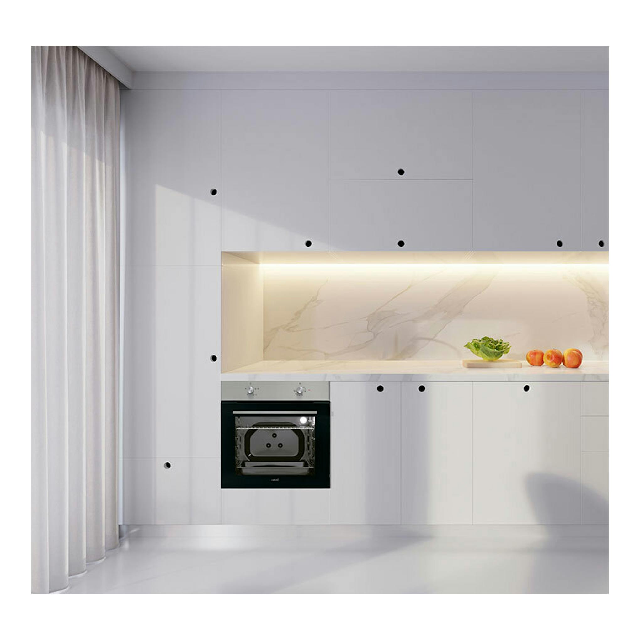 Horno Cata SES7004X/C inox, empotrado, vista frontal en cocina blanca.