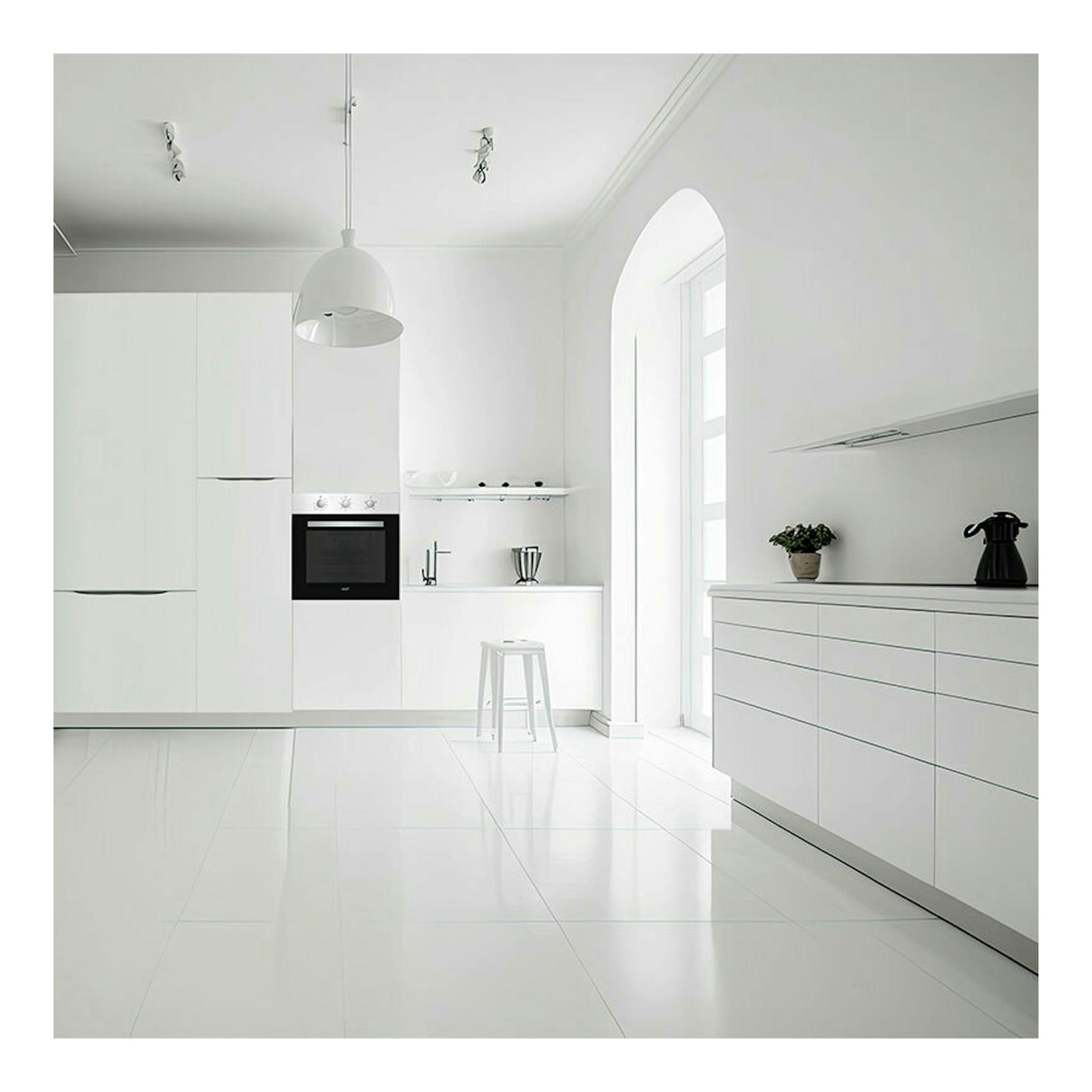 Horno Cata SES7104X/C inox de 60 cm, vista frontal empotrado en cocina blanca.