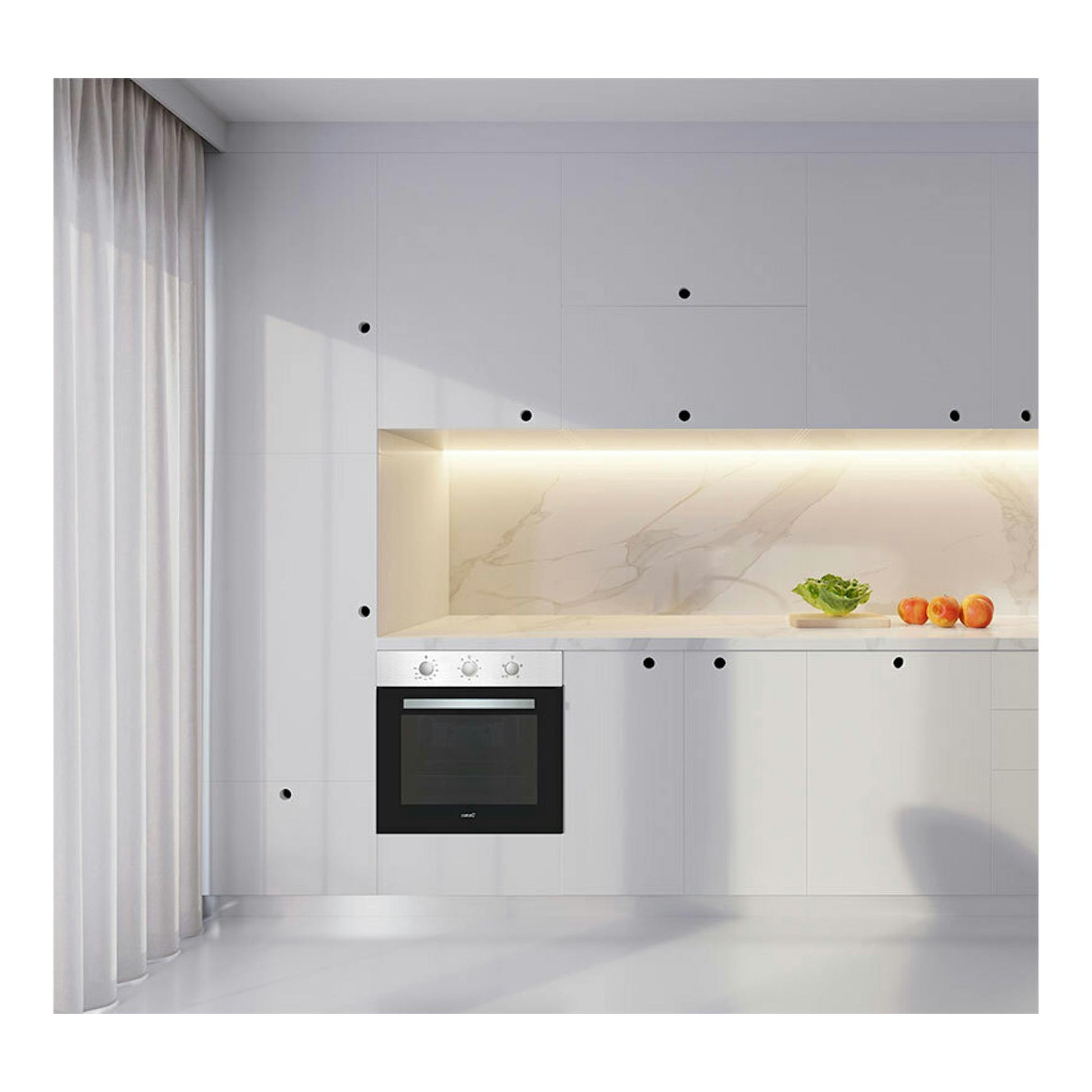 Horno Cata SES7104X/C inox, empotrado en cocina blanca, vista frontal.