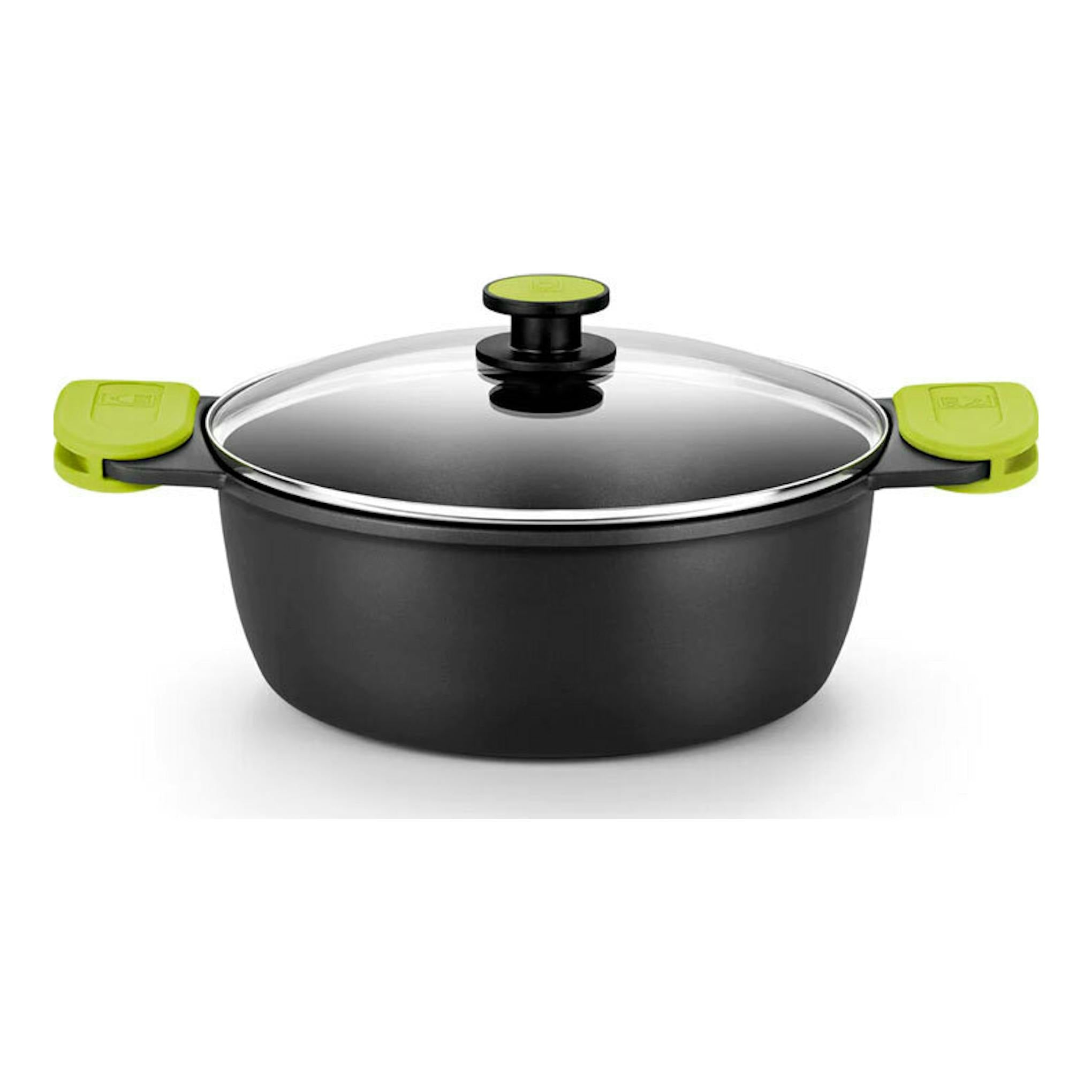 Cacerola Bra Foodie negra de 24 cm, vista frontal, con tapa de vidrio y asas verde lima.