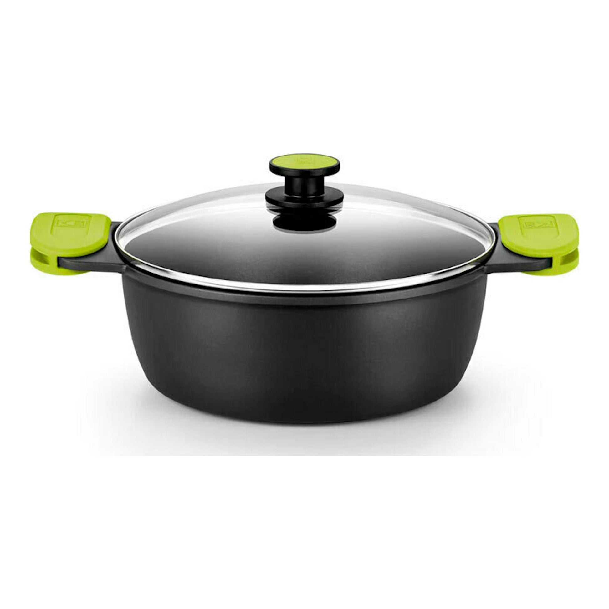 Cacerola Bra Foodie alta de 32 cm negra, con tapa de vidrio y asas verdes, vista frontal.