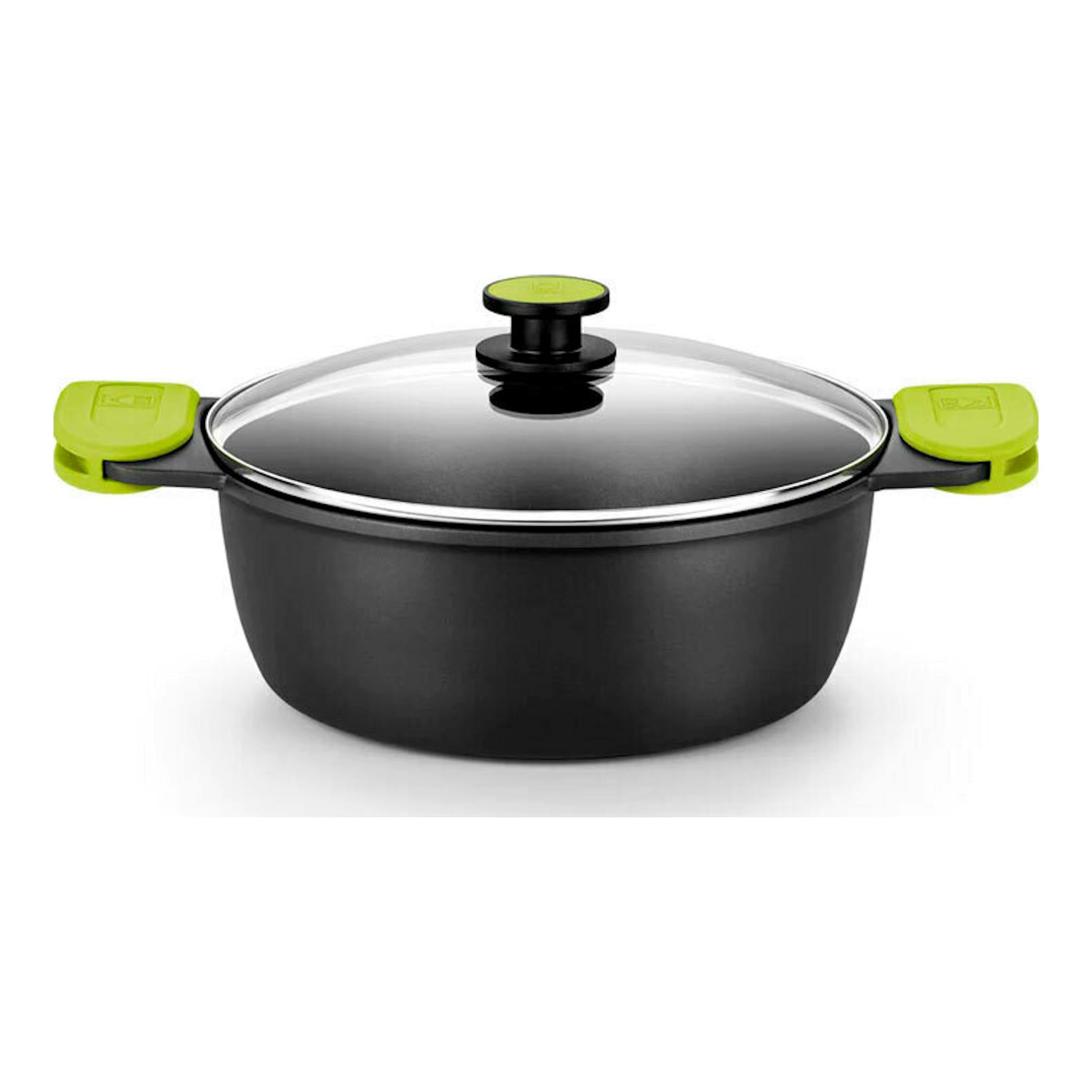Cacerola Bra Foodie alta de 32 cm negra, con tapa de vidrio y asas verdes, vista frontal.
