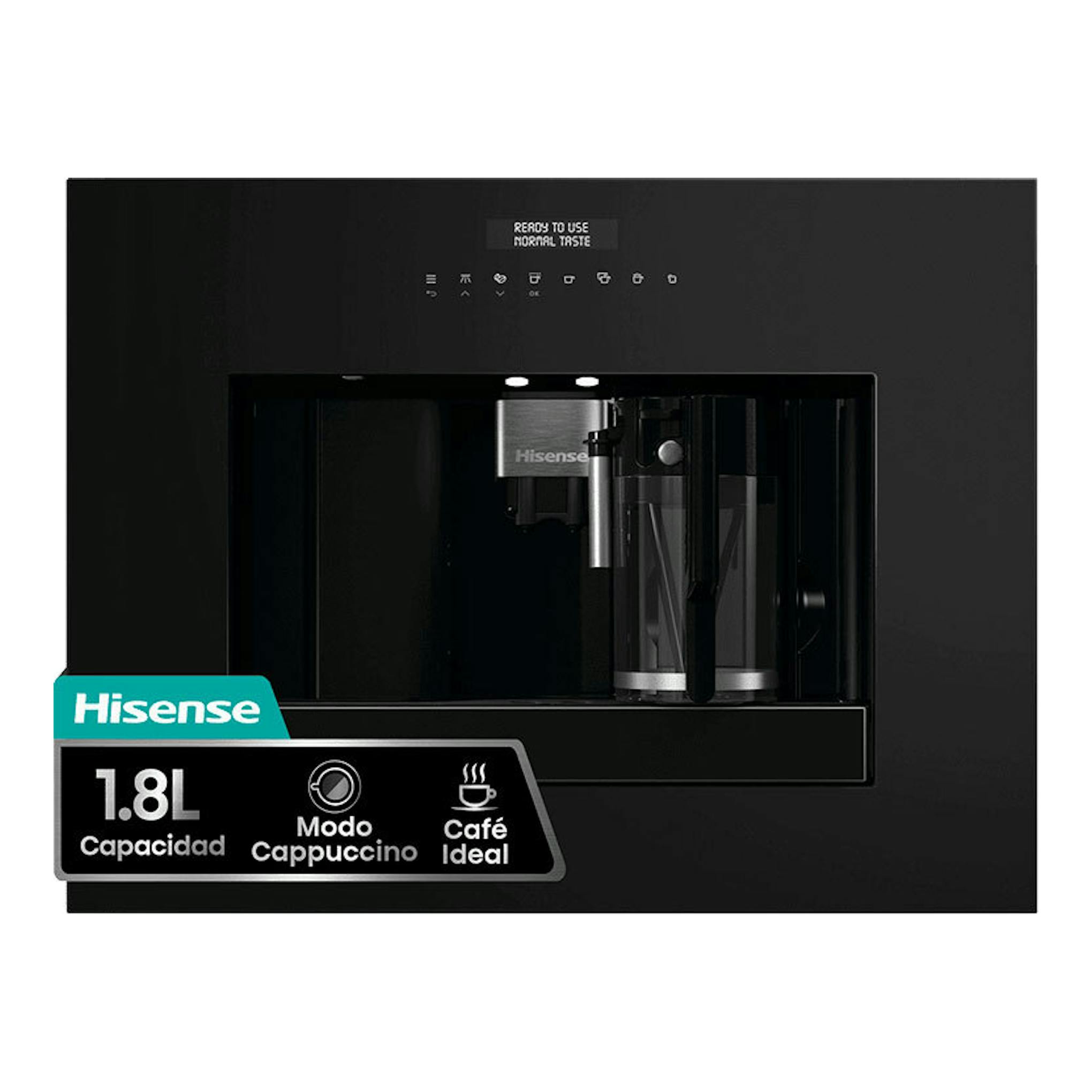 Hisense CM4H8BG, cafetera automática integrable negra, vista frontal con panel y depósito visibles.