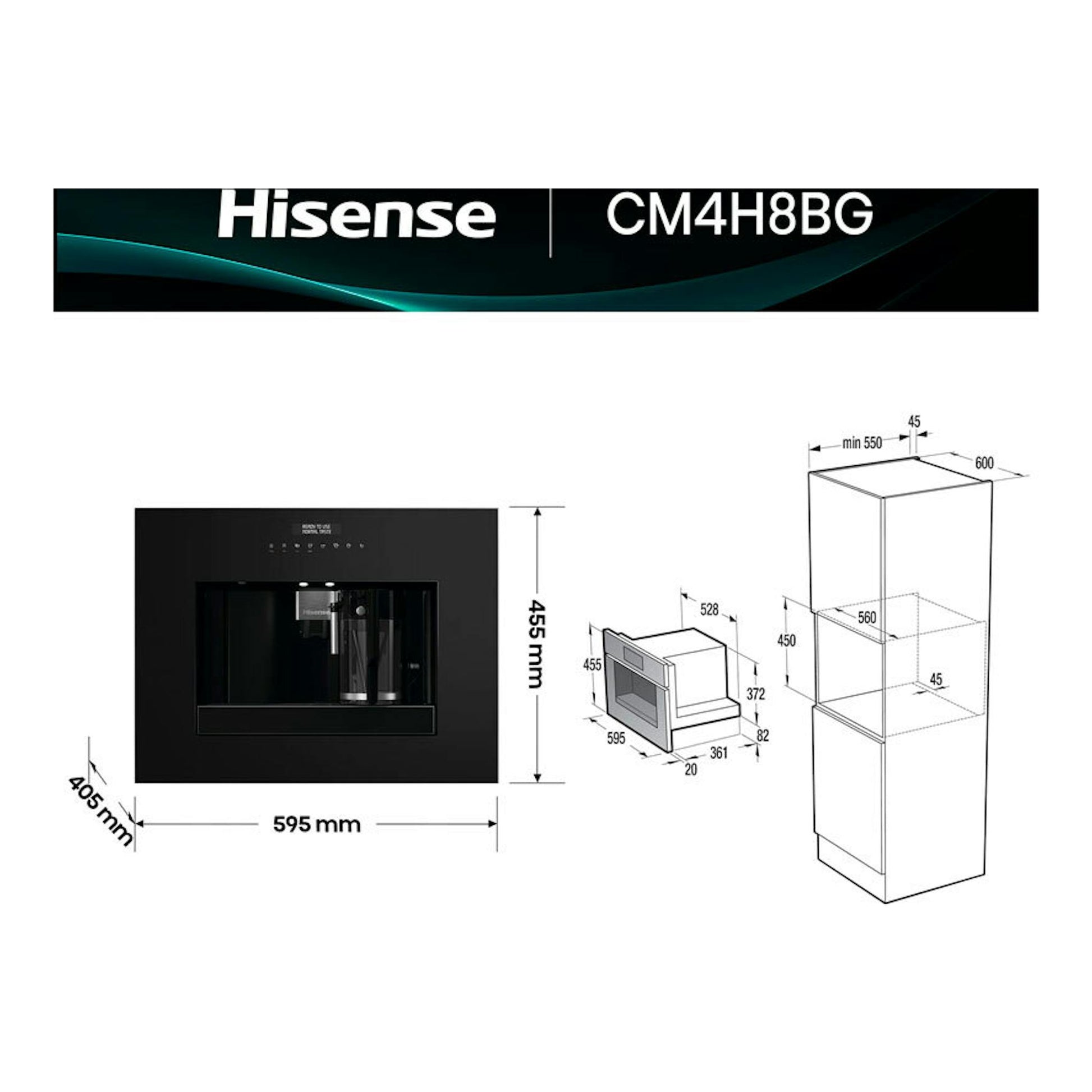 Hisense CM4H8BG, cafetera automática integrable negra, vista frontal con medidas y esquema de instalación.