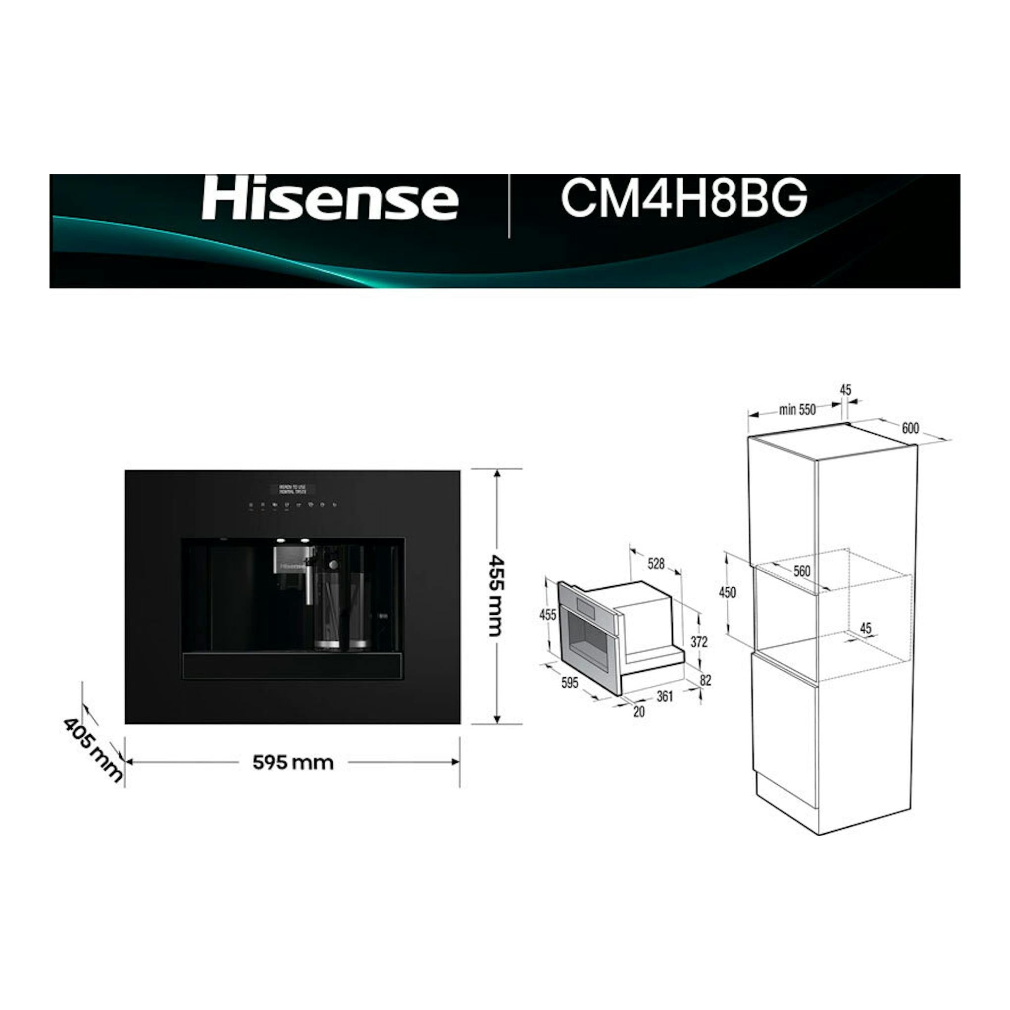 Hisense CM4H8BG, cafetera automática integrable negra, vista frontal con medidas y esquema de instalación.