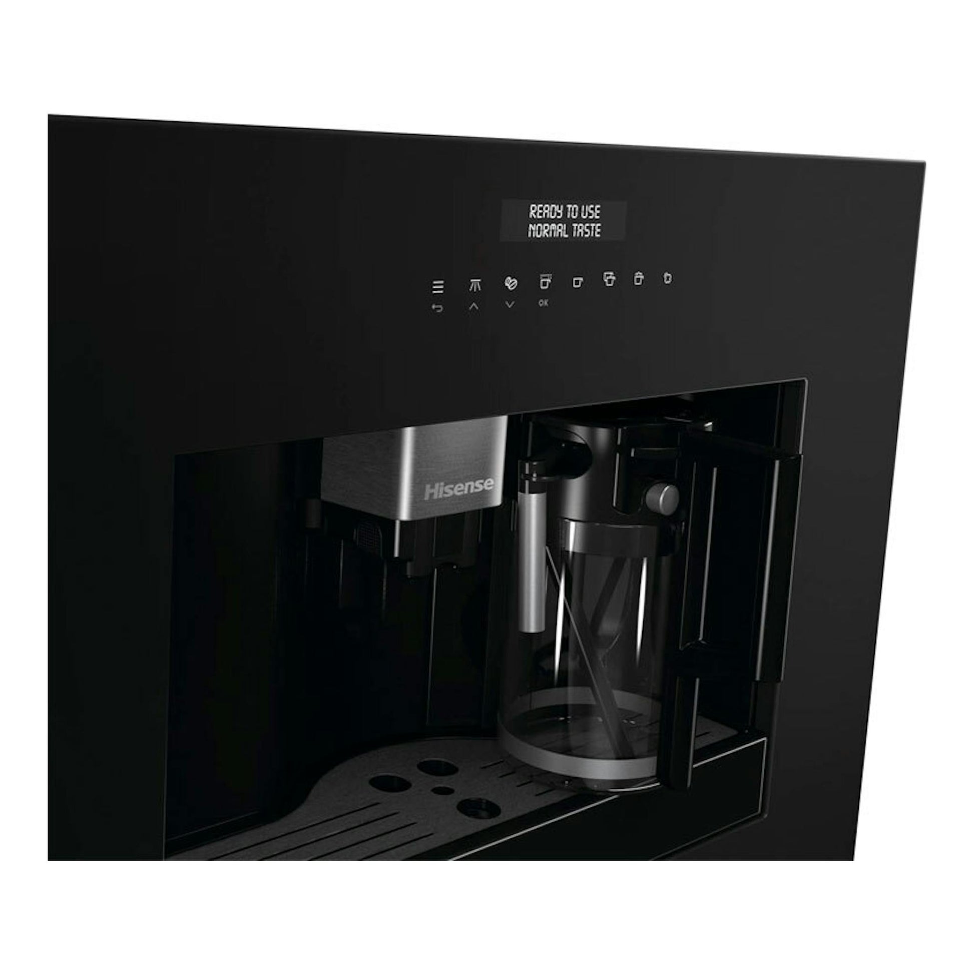 Cafetera automática integrable Hisense CM4H8BG negra, vista frontal con pantalla y depósito de agua.