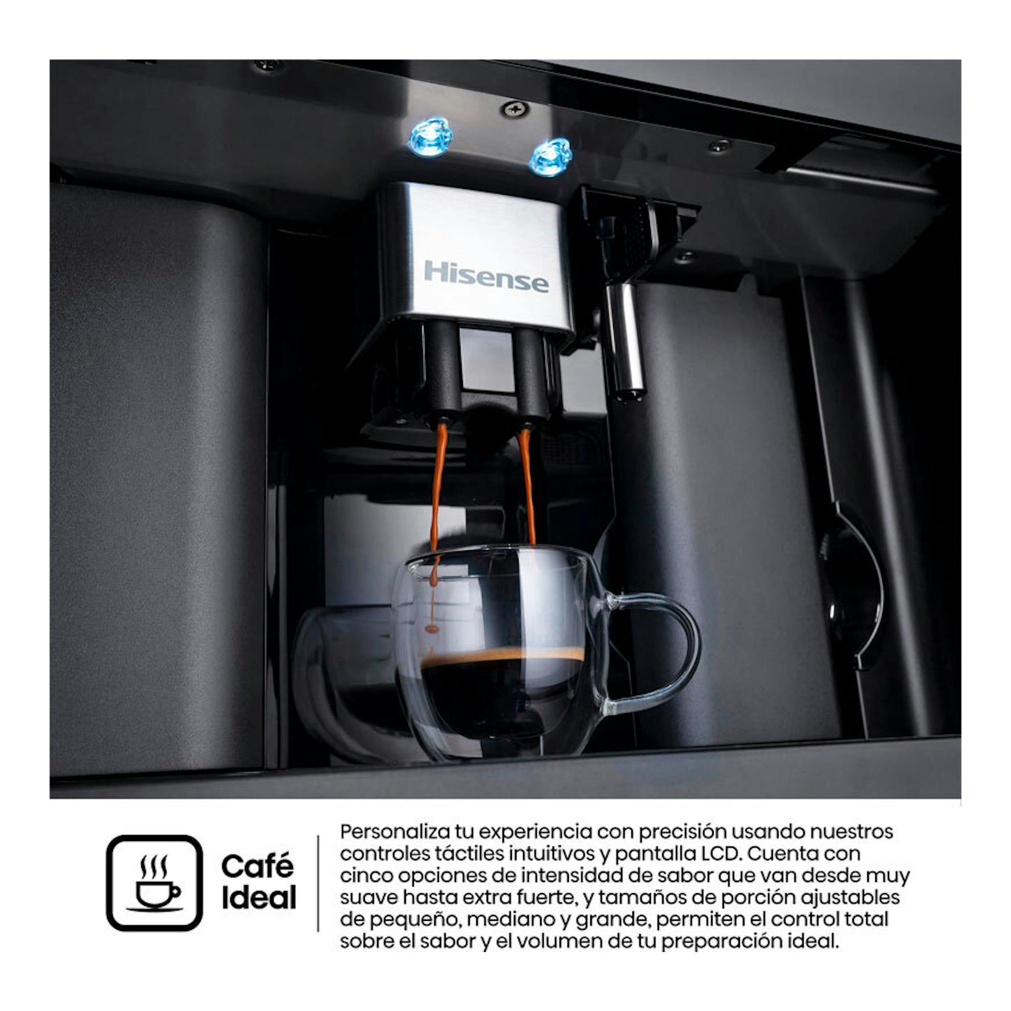 Cafetera automática integrable Hisense CM4H8BG, vista frontal, sirviendo café en una taza de vidrio.