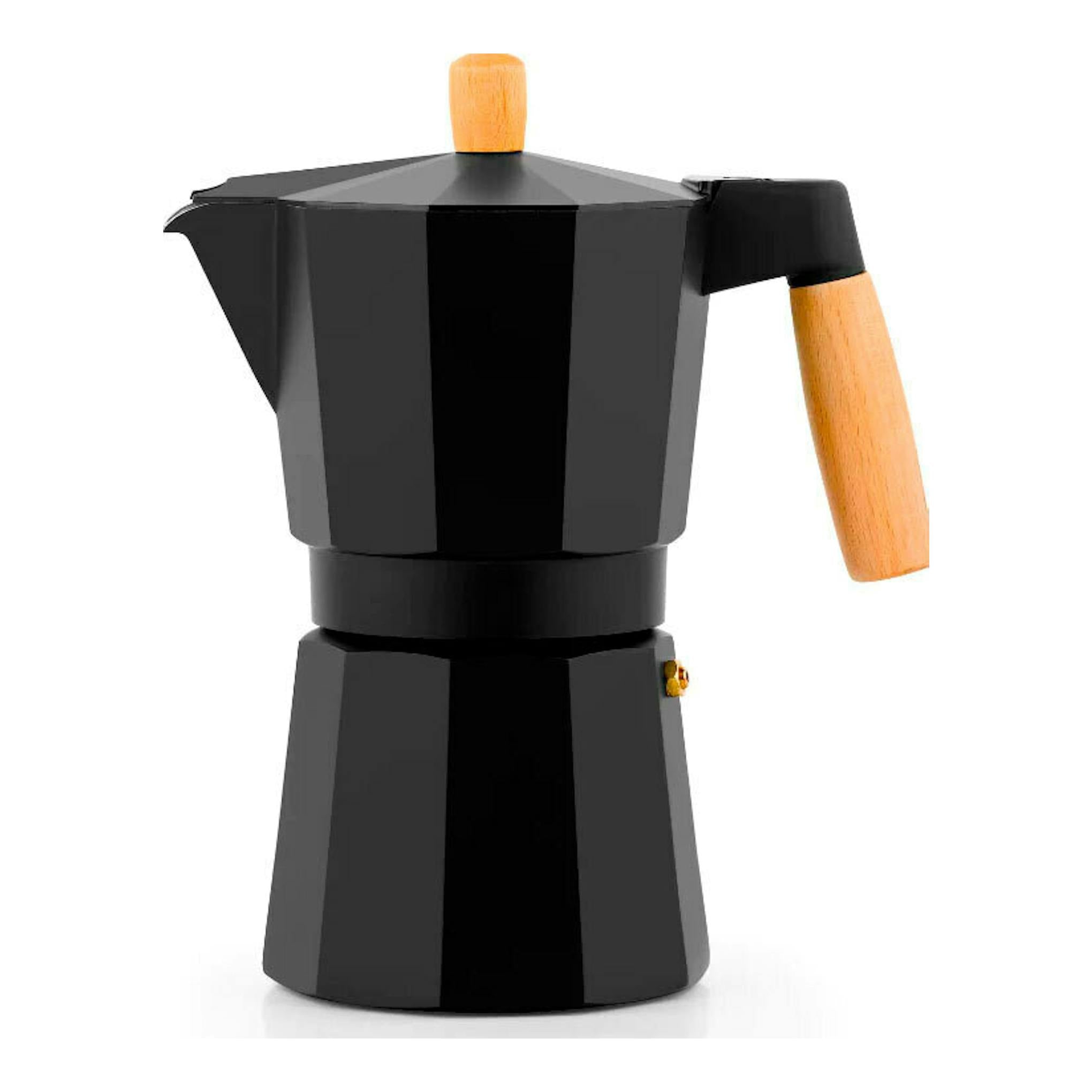 Cafetera Bra Market negra de 12 tazas, vista frontal, con mango y pomo de madera.