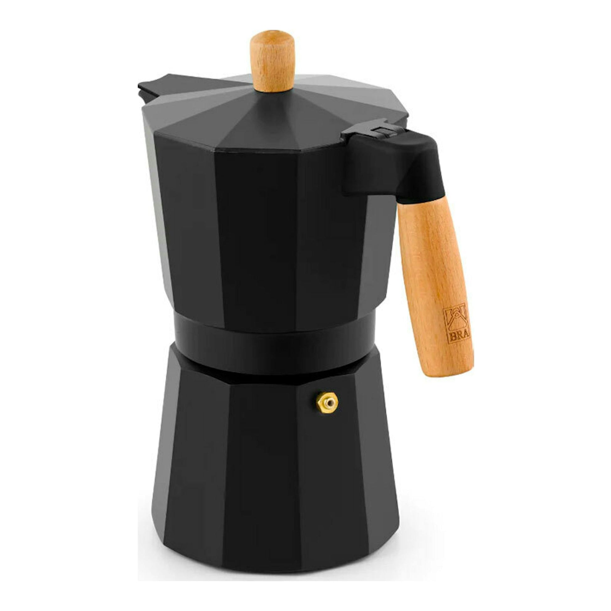 Cafetera italiana Bra Market negra, vista frontal, con asa y pomo de madera, para 12 tazas.