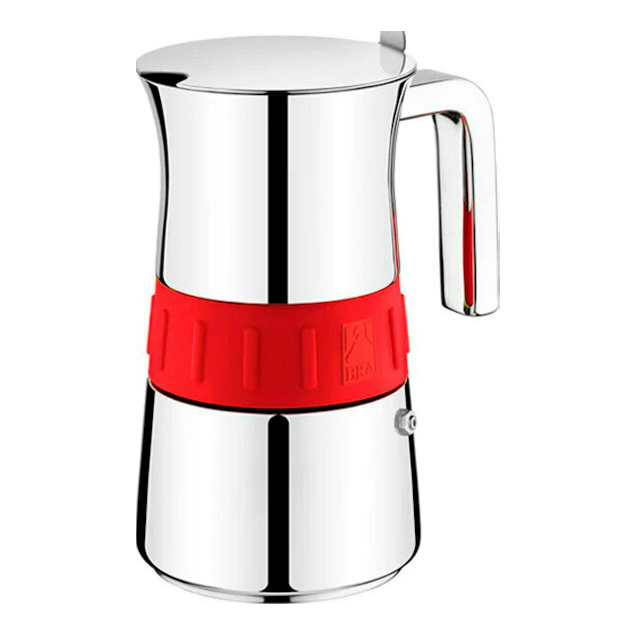 Cafetera Bra Elegance Red de acero inoxidable y rojo, vista frontal, 6 tazas.