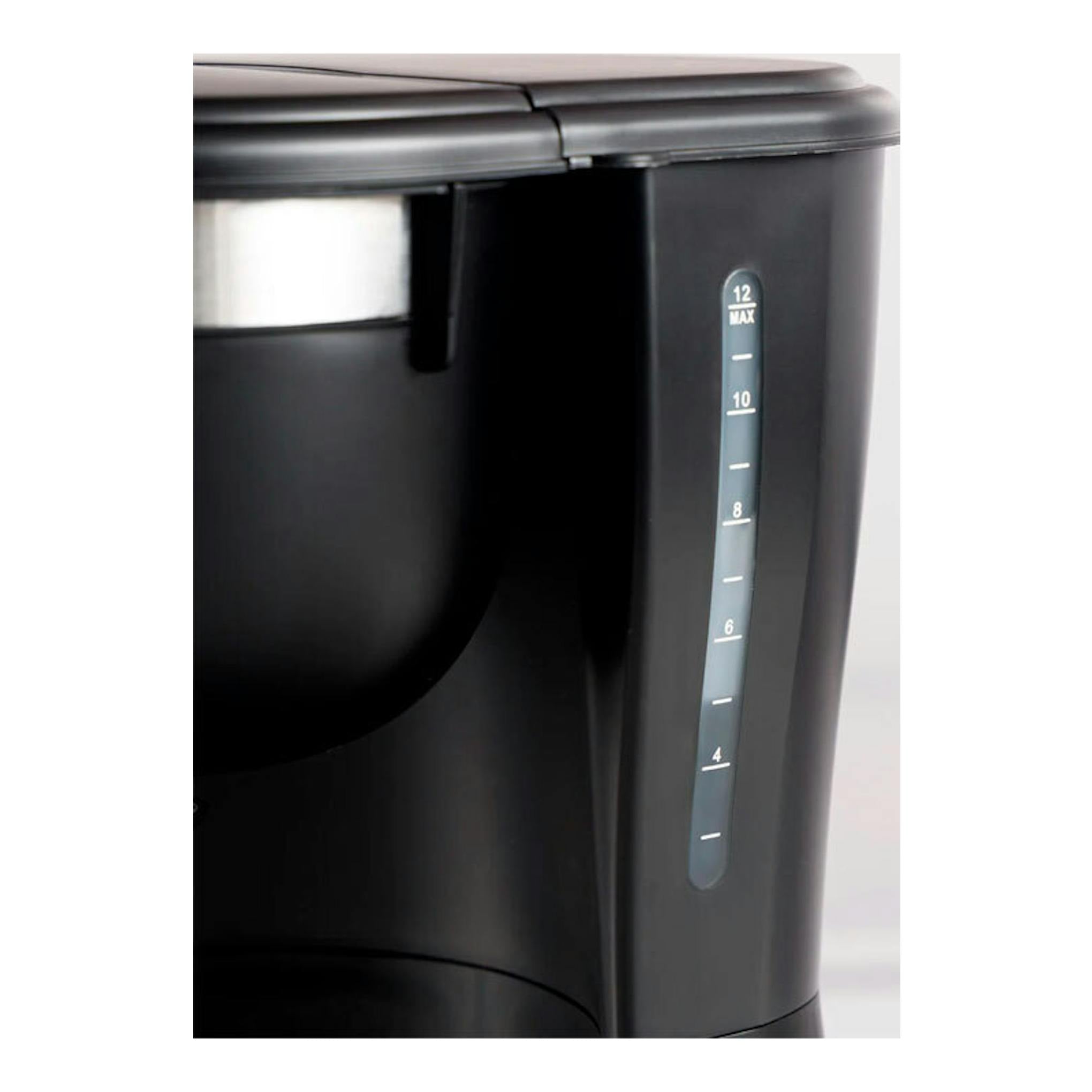 Cafetera de goteo Taurus Verona 12 negra, vista lateral con indicador de nivel de agua.