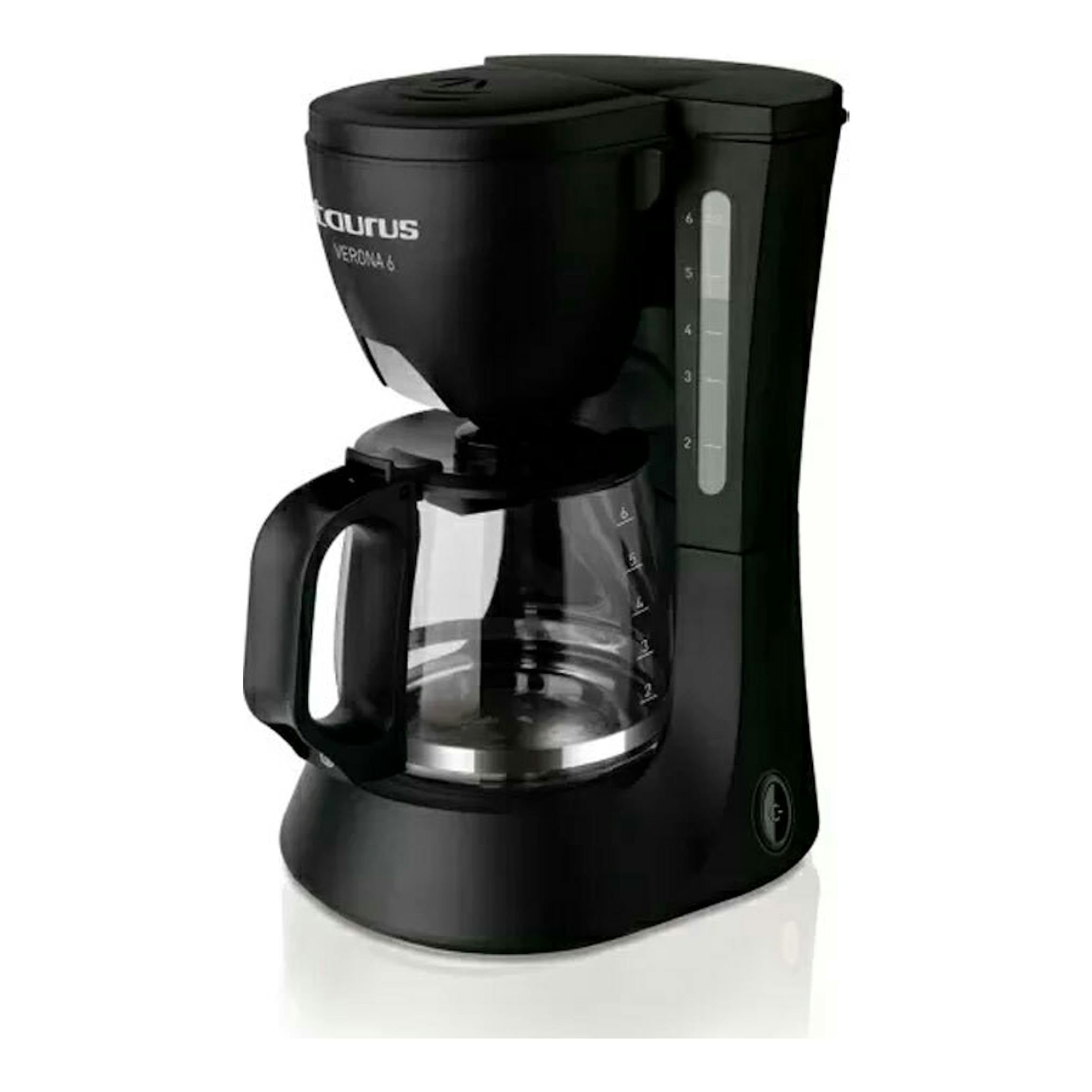 Cafetera de goteo Taurus Verona 6 negra, vista frontal izquierda, con jarra de cristal.