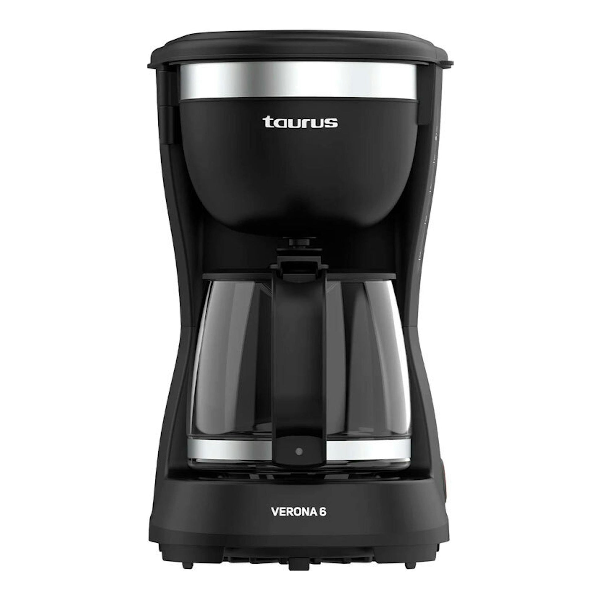 Cafetera de goteo Taurus Verona 6 negra, vista frontal, con jarra de vidrio.