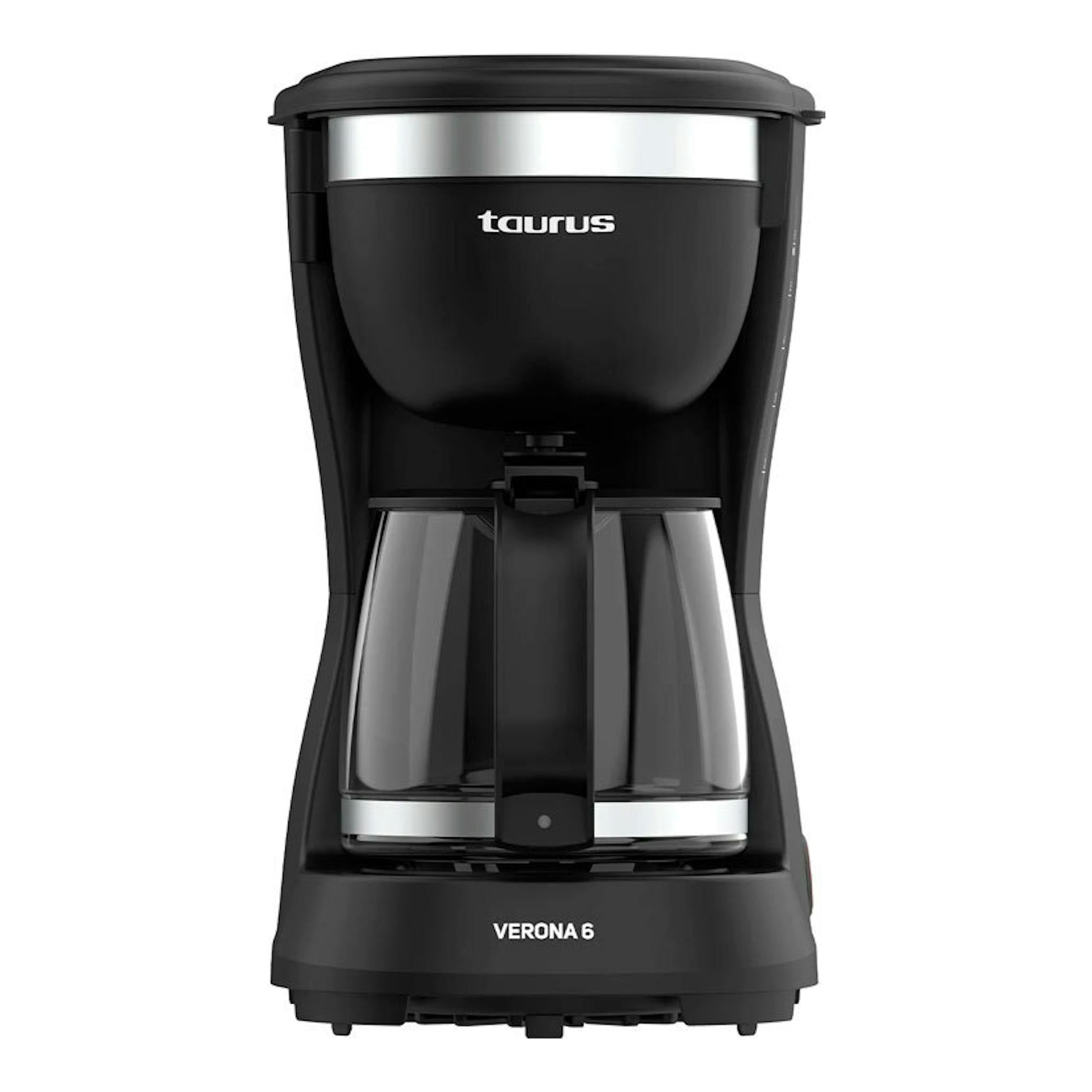 Cafetera de goteo Taurus Verona 6 negra, vista frontal, con jarra de vidrio.