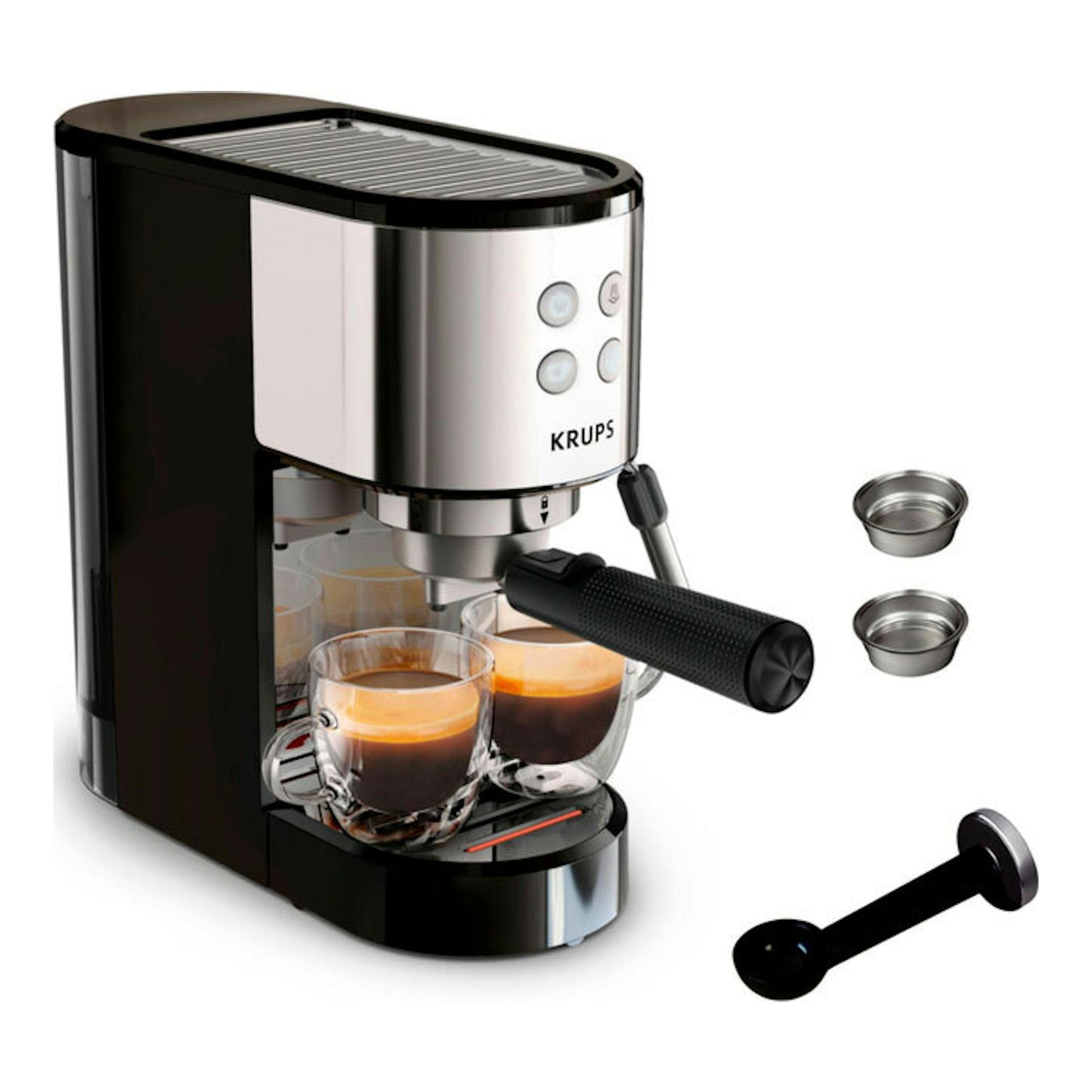 Cafetera espresso Krups XP444C10 negra y plateada, vista frontal en ángulo, con dos tazas y accesorios.