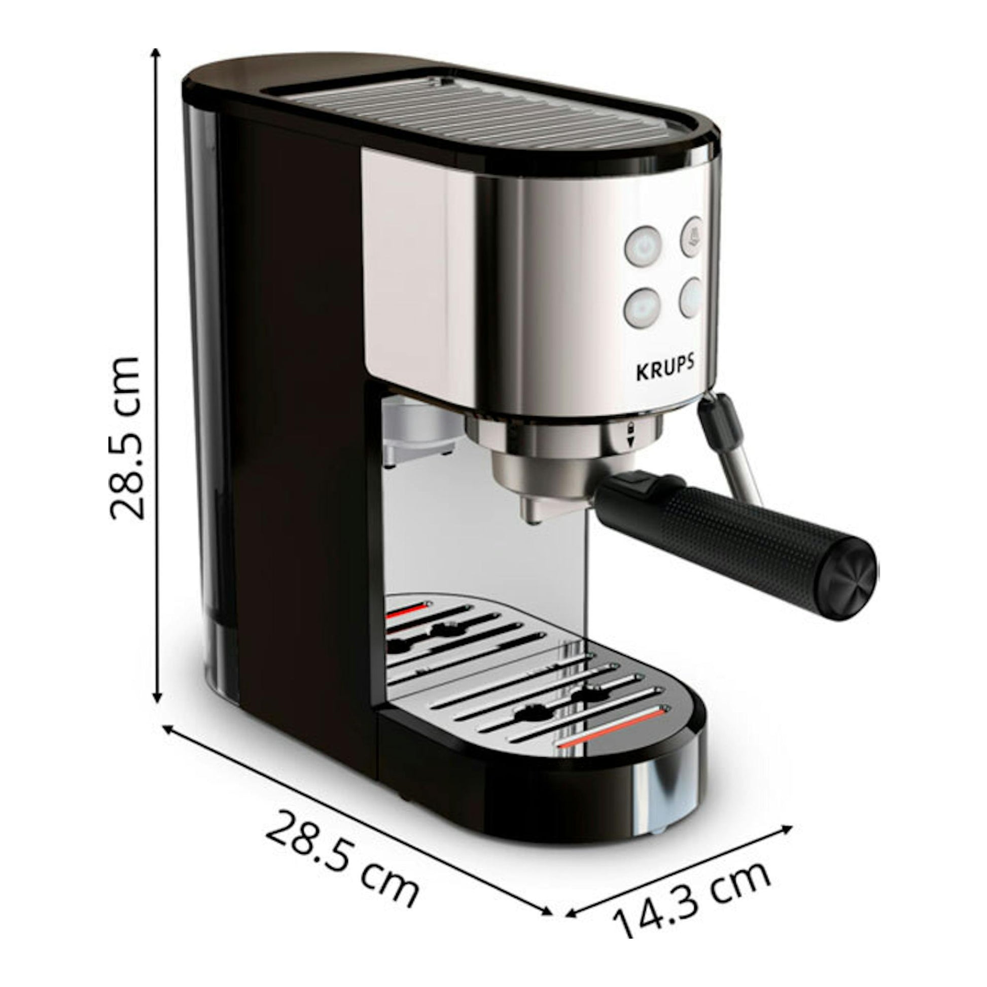 Krups XP444C10, cafetera espresso negra y plata en vista frontal 3/4, con vaporizador y bandeja.