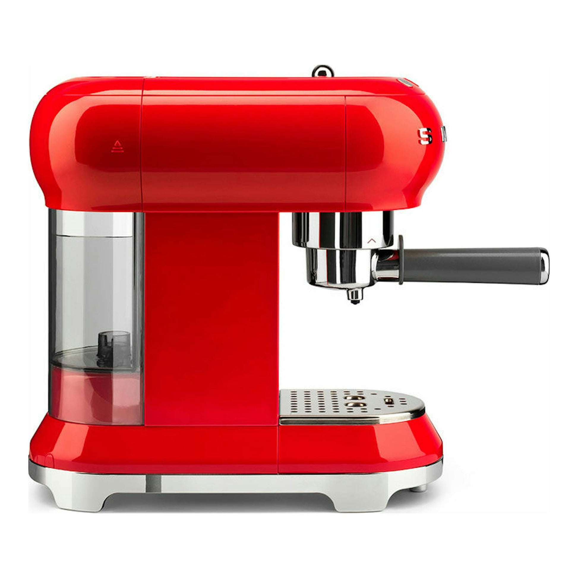 Cafetera espresso Smeg ECF01RDEU roja, vista frontal, con portafiltro lateral y depósito transparente.