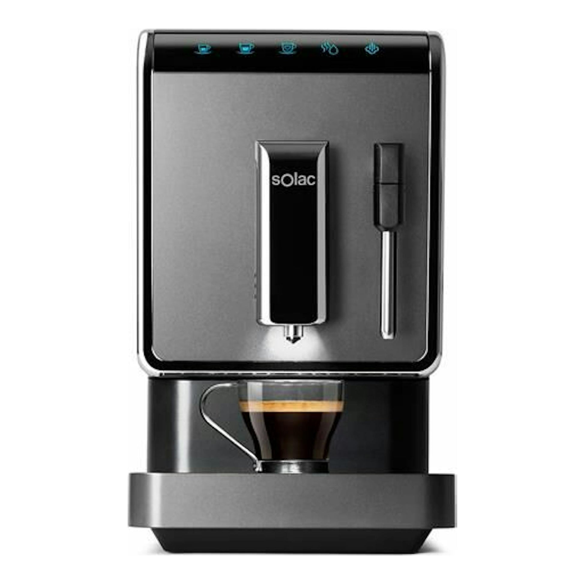 Cafetera espresso Solac CA4810, vista frontal, gris y negra, con taza bajo el surtidor y vaporizador lateral.