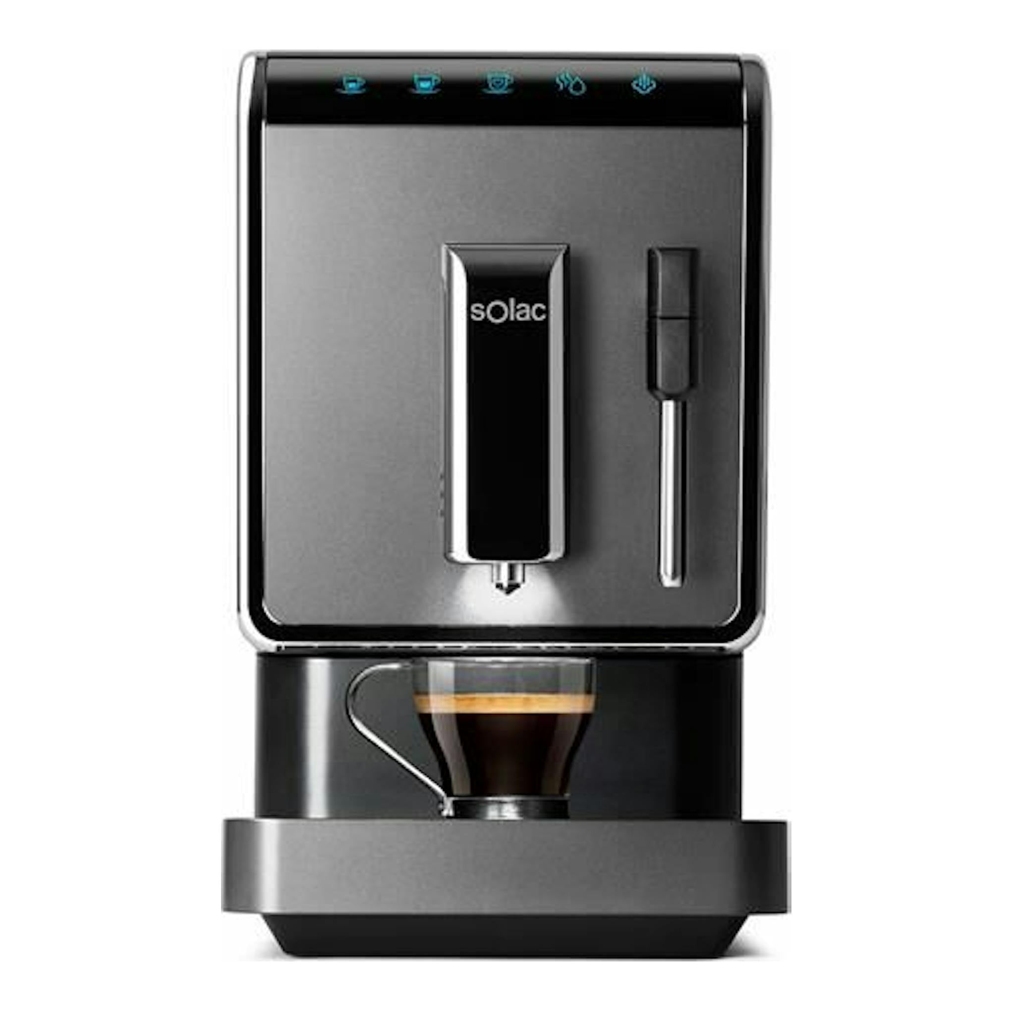 Cafetera espresso Solac CA4810, vista frontal, gris y negra, con taza bajo el surtidor y vaporizador lateral.