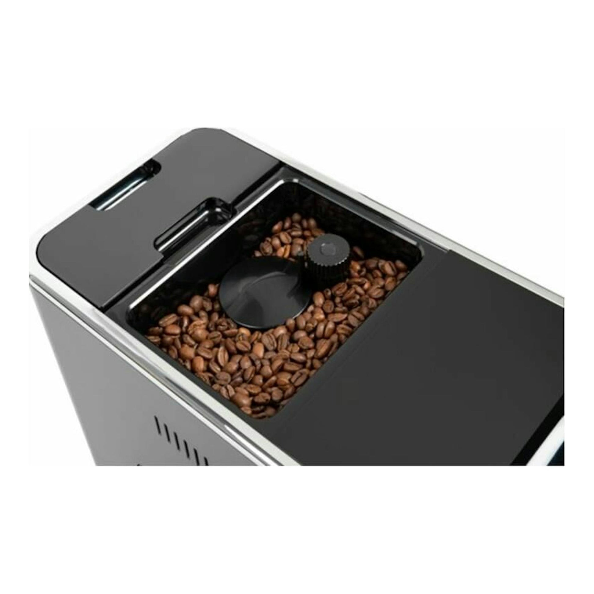 Solac CA4810, cafetera espresso automática, vista superior parcial en negro y plateado con depósito de granos.