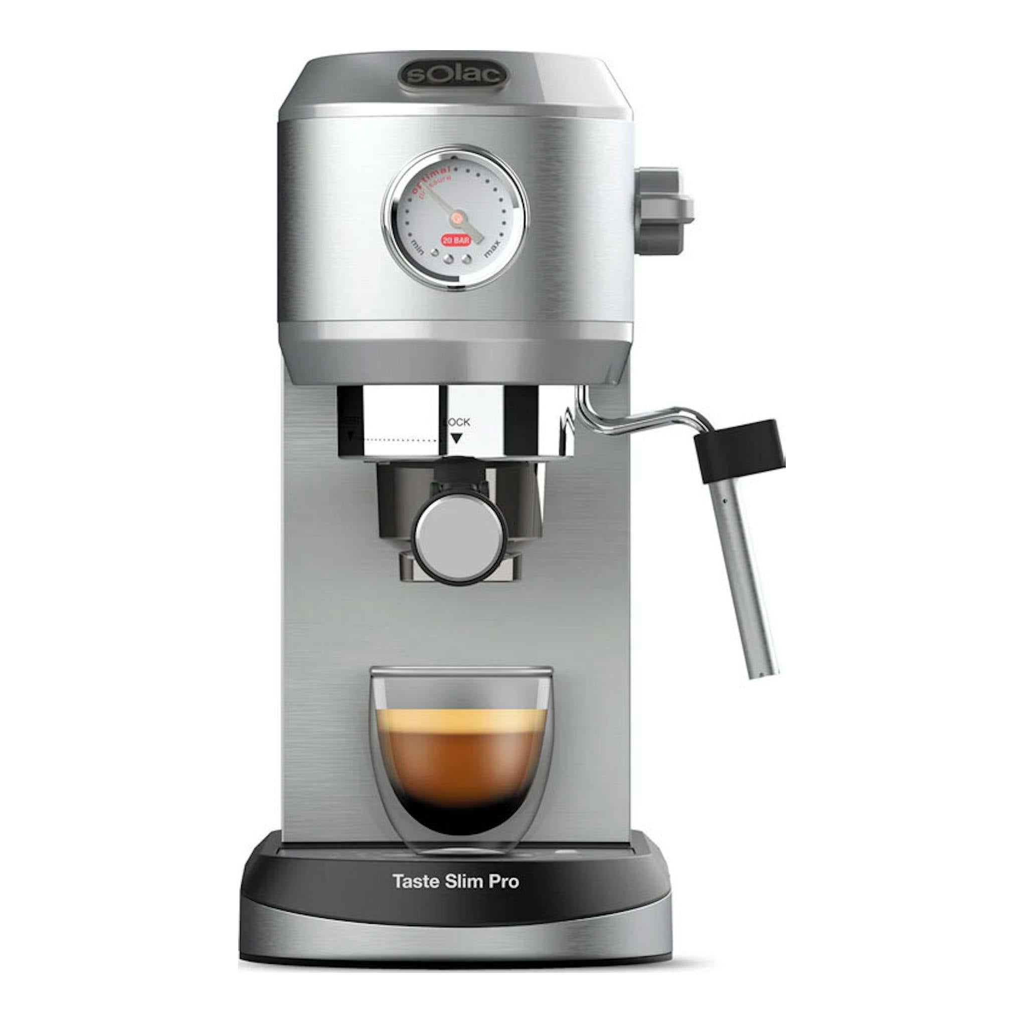 Cafetera espresso Solac CE4520 plateada, vista frontal, con manómetro y brazo vaporizador.