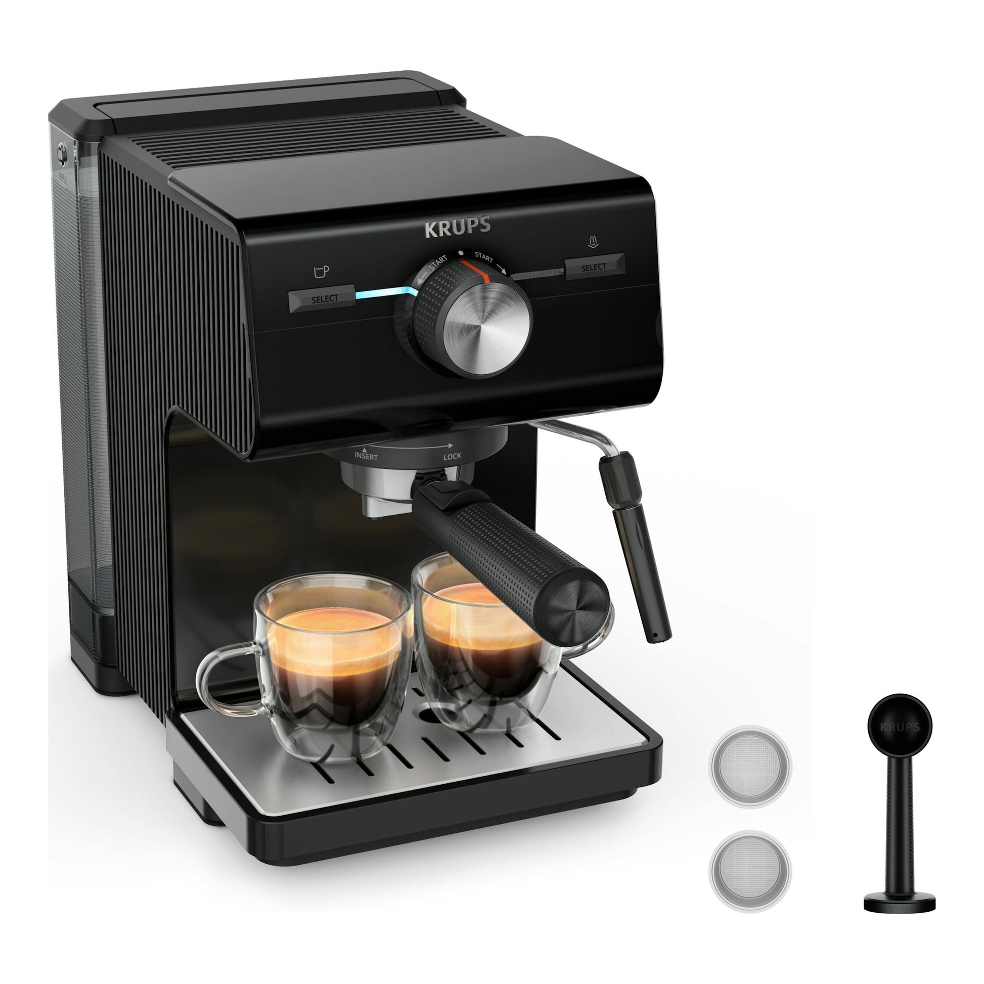 Cafetera espresso Krups XP381810 negra, vista frontal en ángulo, con vaporizador y dos tazas sobre la bandeja.