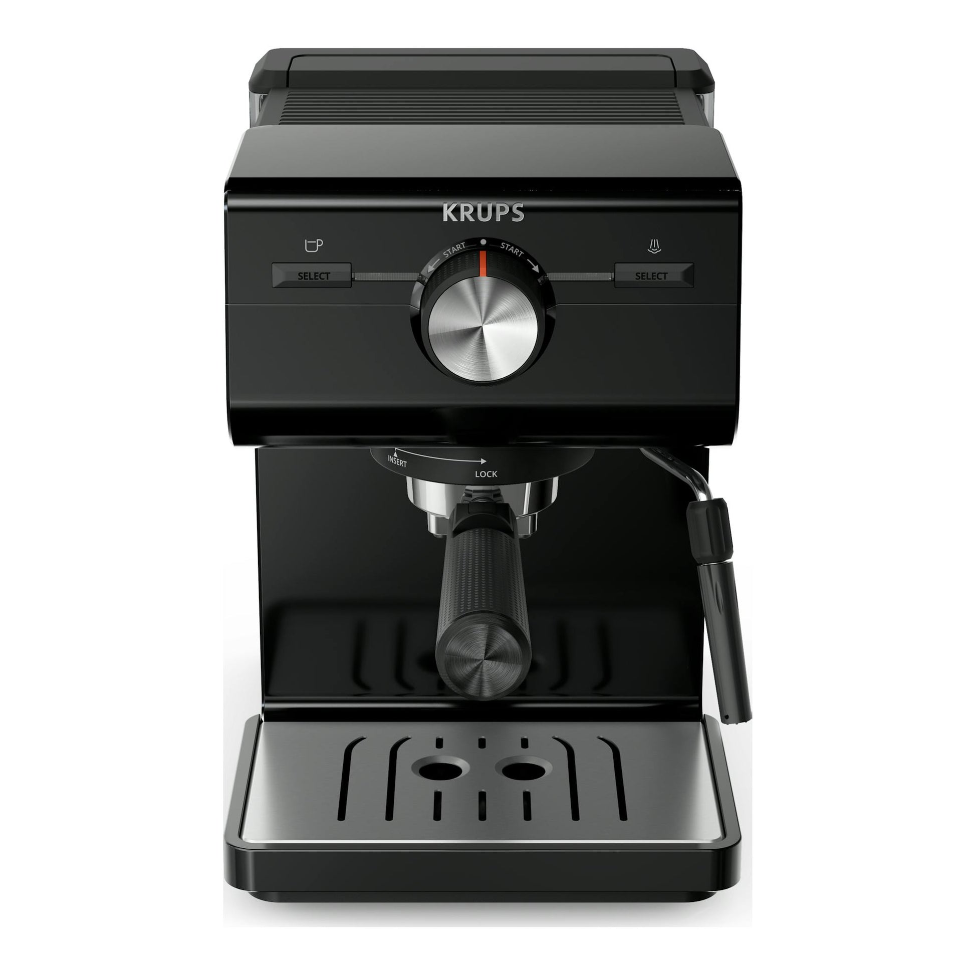 Cafetera espresso Krups XP381810 negra, vista frontal, con portafiltro y vaporizador.