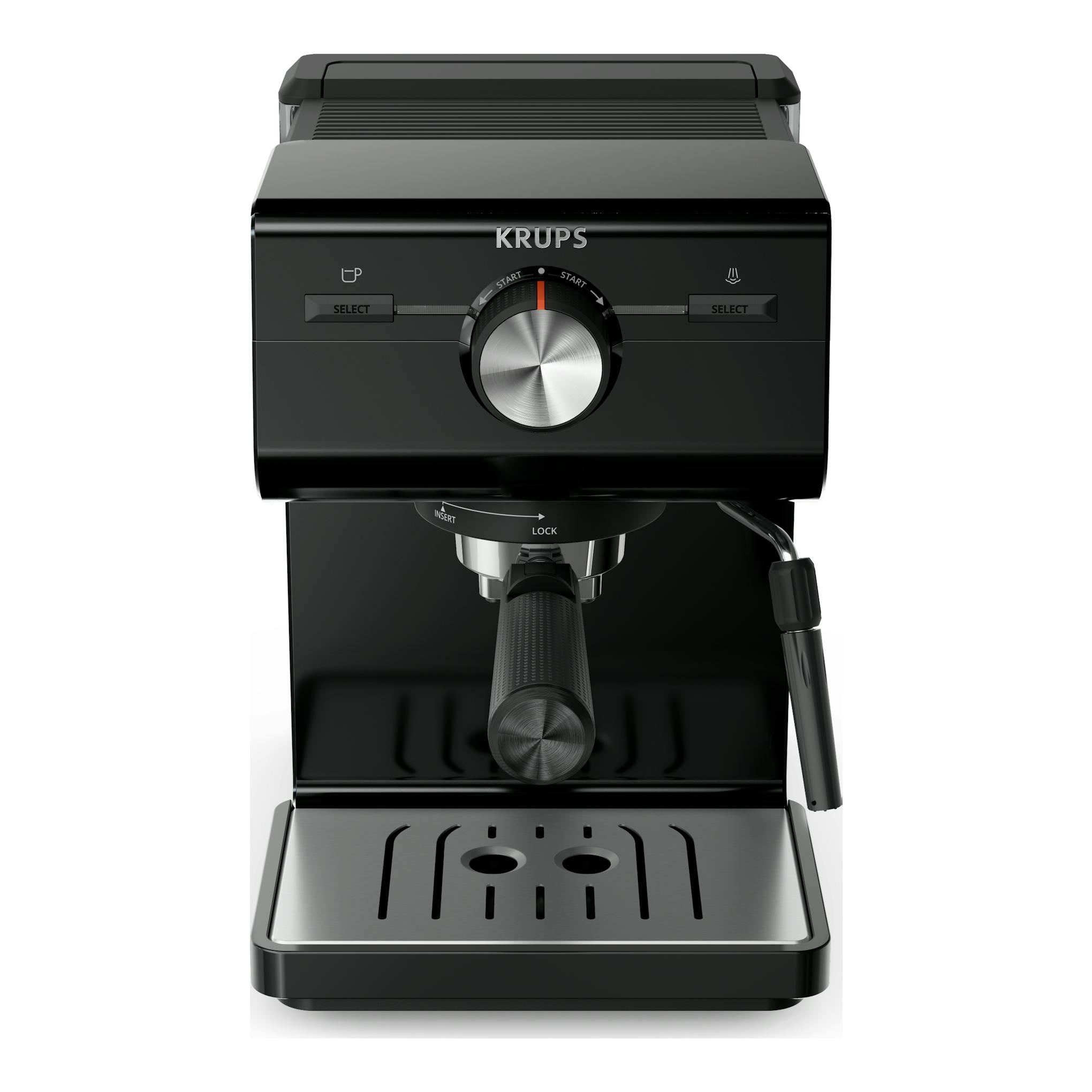 Cafetera espresso Krups XP381810 negra, vista frontal, con portafiltro y vaporizador.