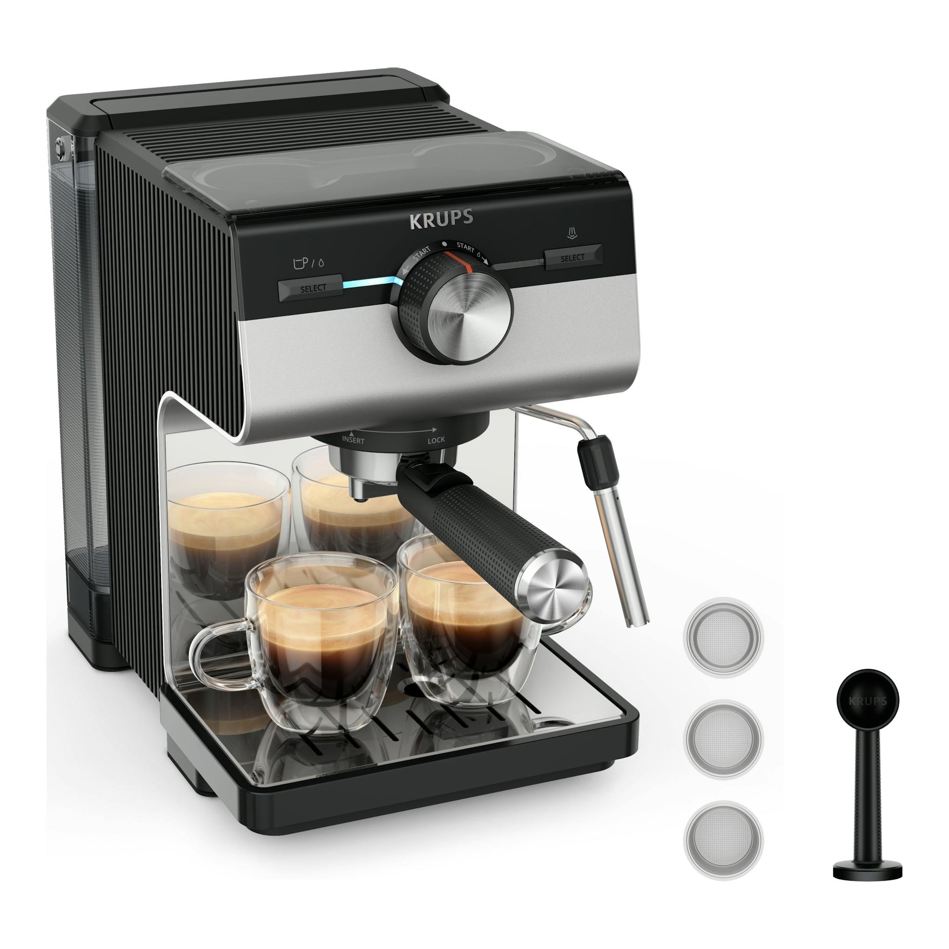 Cafetera espresso Krups XP384E10 negra y plateada, vista frontal en ángulo, con portafiltro y vasos de café.