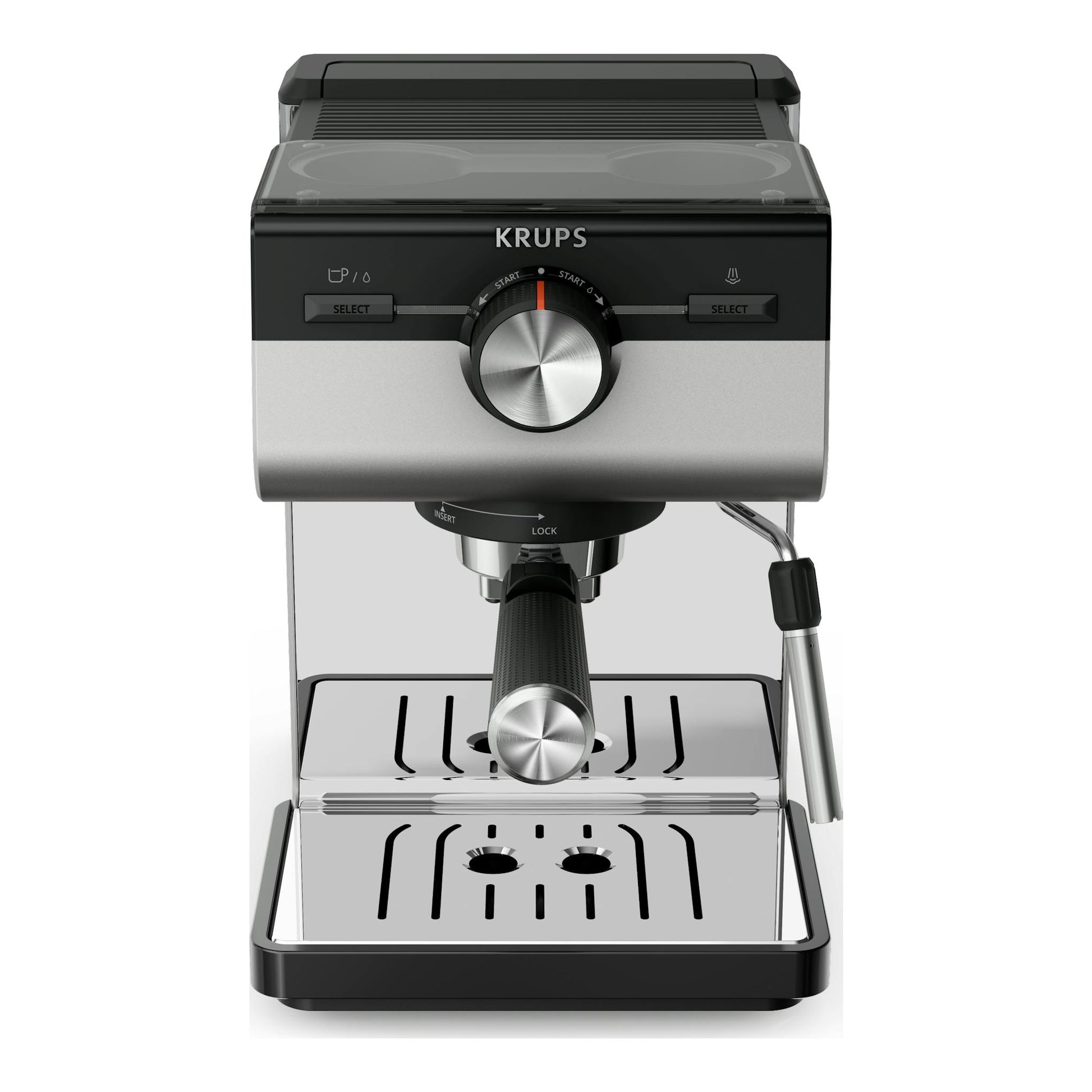 Cafetera espresso Krups XP384E10 negra y plateada, vista frontal, con portafiltro y lanza de vapor.