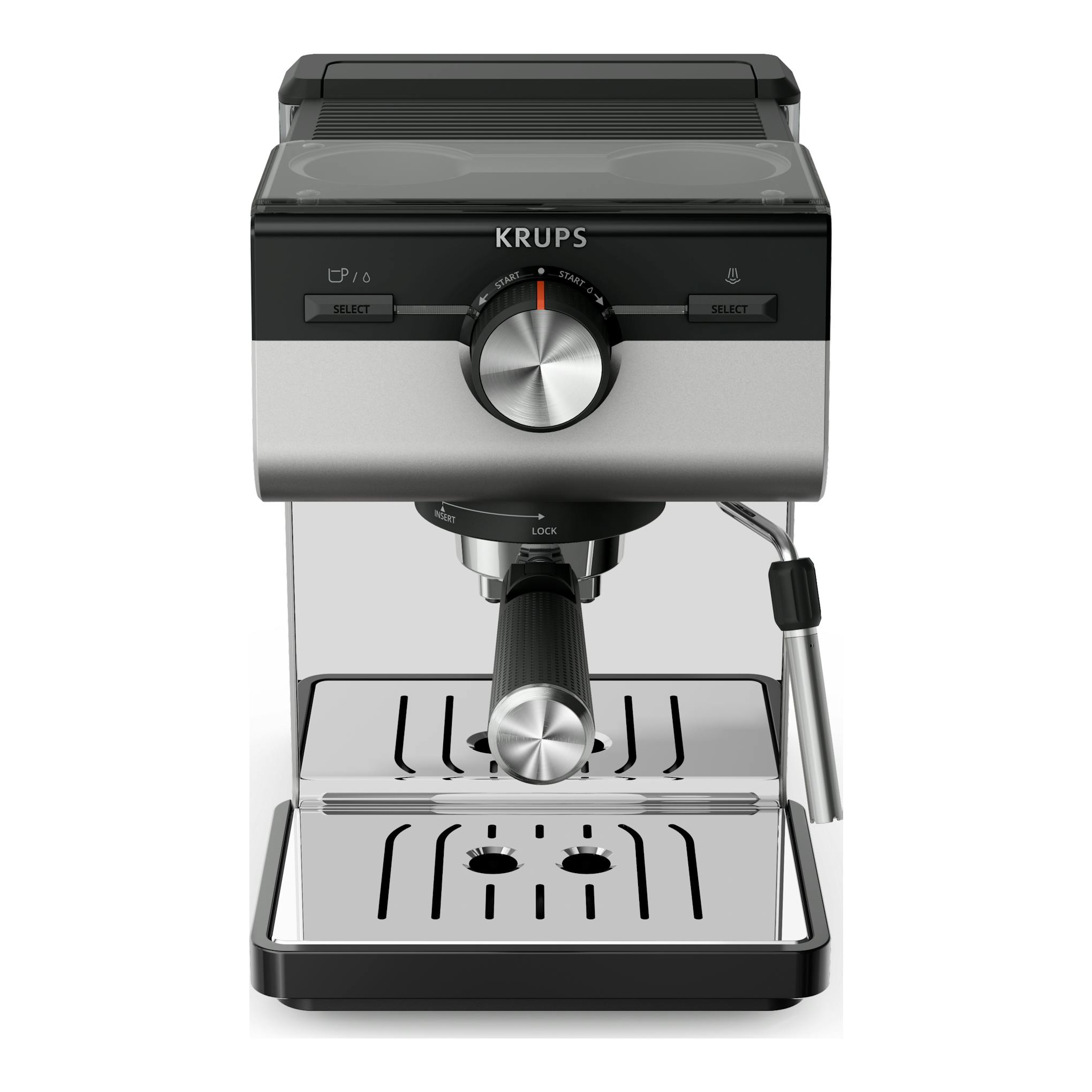 Cafetera espresso Krups XP384E10 negra y plateada, vista frontal, con portafiltro y lanza de vapor.