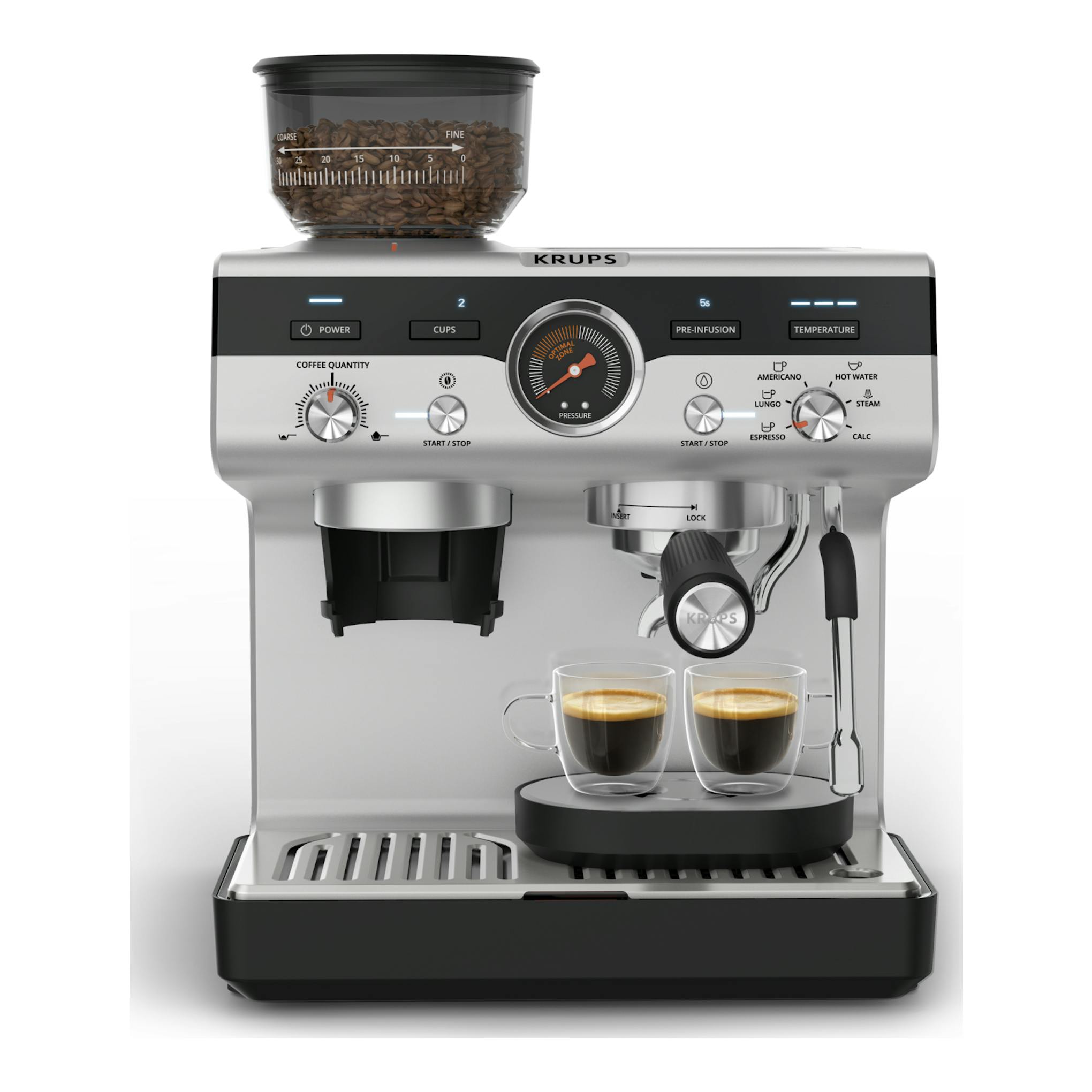 Krups XP801T10, cafetera espresso plateada y negra con molinillo integrado, vista frontal.