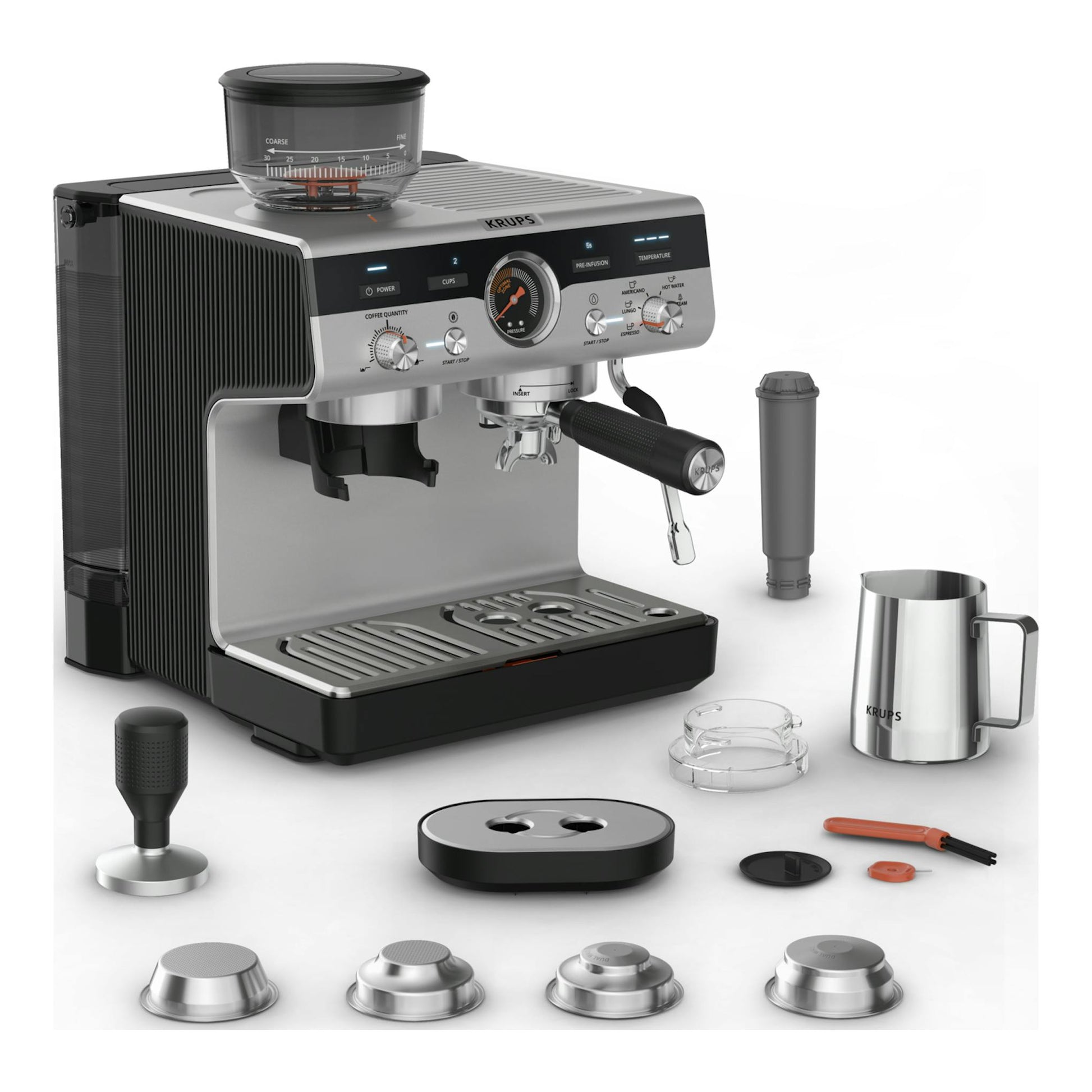 Cafetera espresso Krups XP801T10 negra y plata, vista frontal izquierda, con molinillo integrado y accesorios.