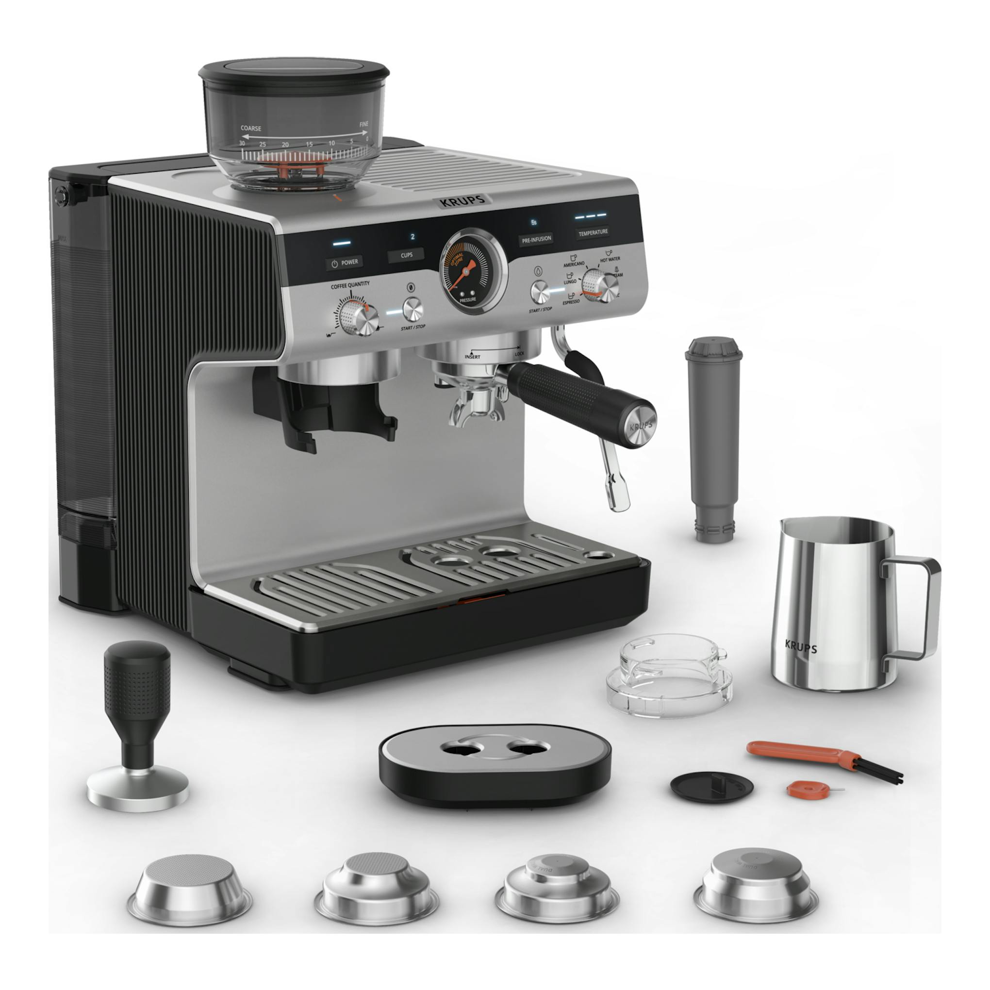 Cafetera espresso Krups XP801T10 negra y plata, vista frontal izquierda, con molinillo integrado y accesorios.