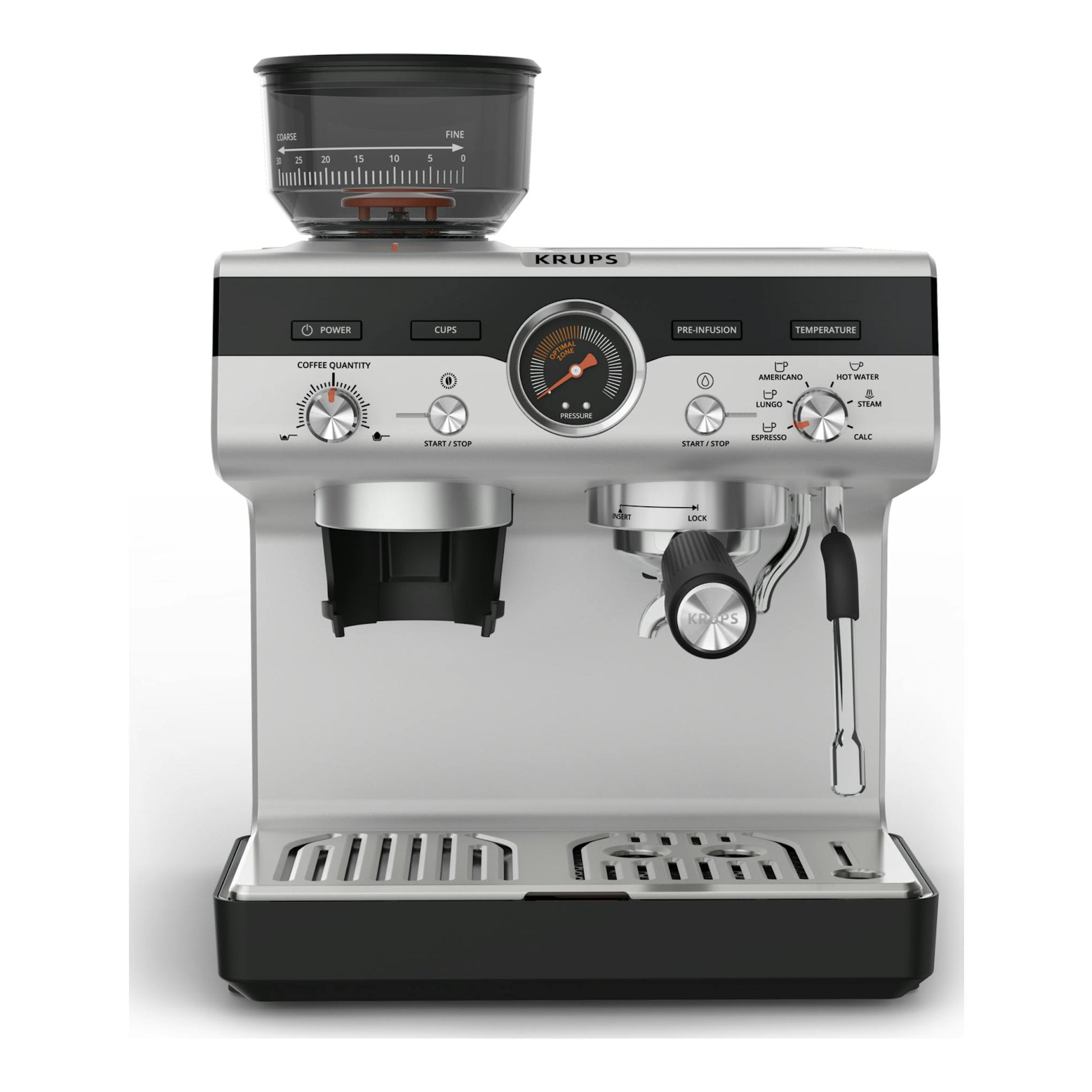 Cafetera espresso Krups XP801T10 plateada y negra, vista frontal, con molinillo integrado y panel de controles.