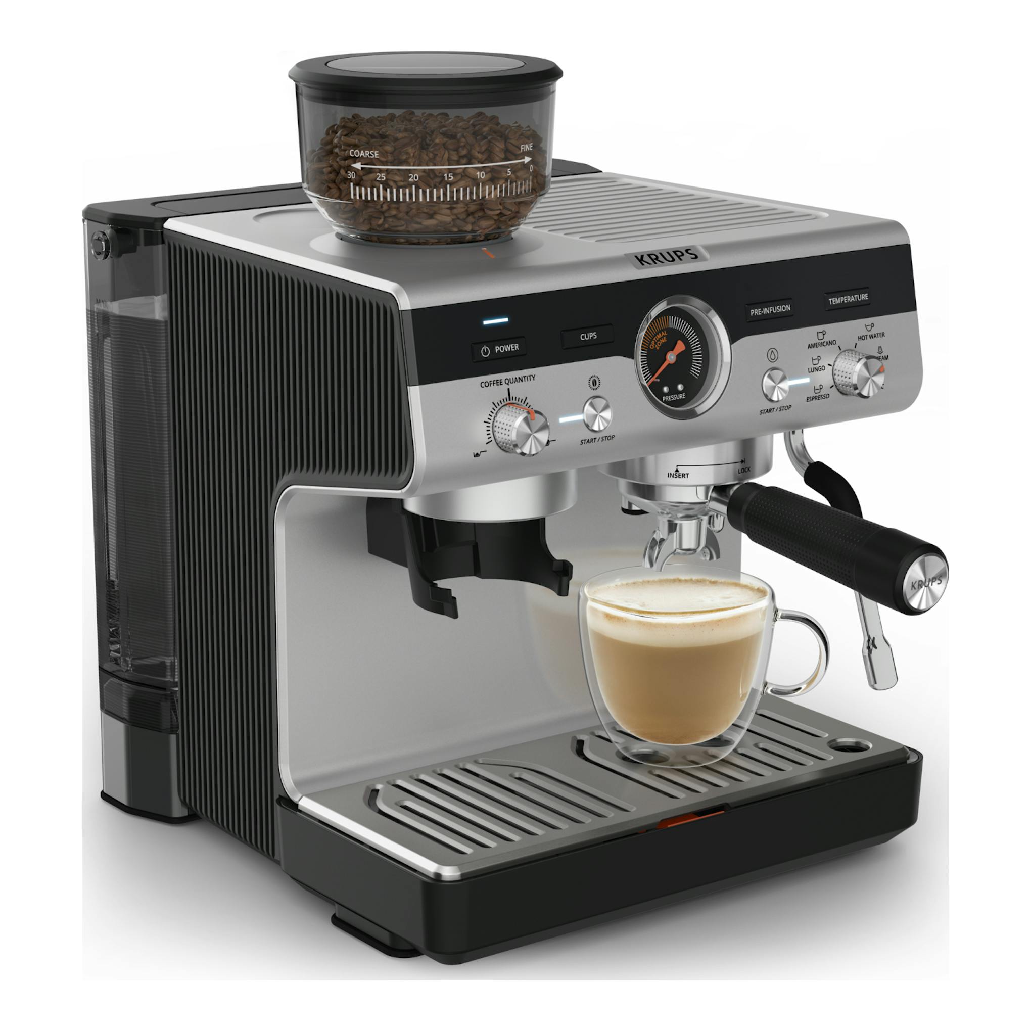 Cafetera espresso Krups XP801T10 gris y negra, vista frontal tres cuartos, con molinillo y taza.
