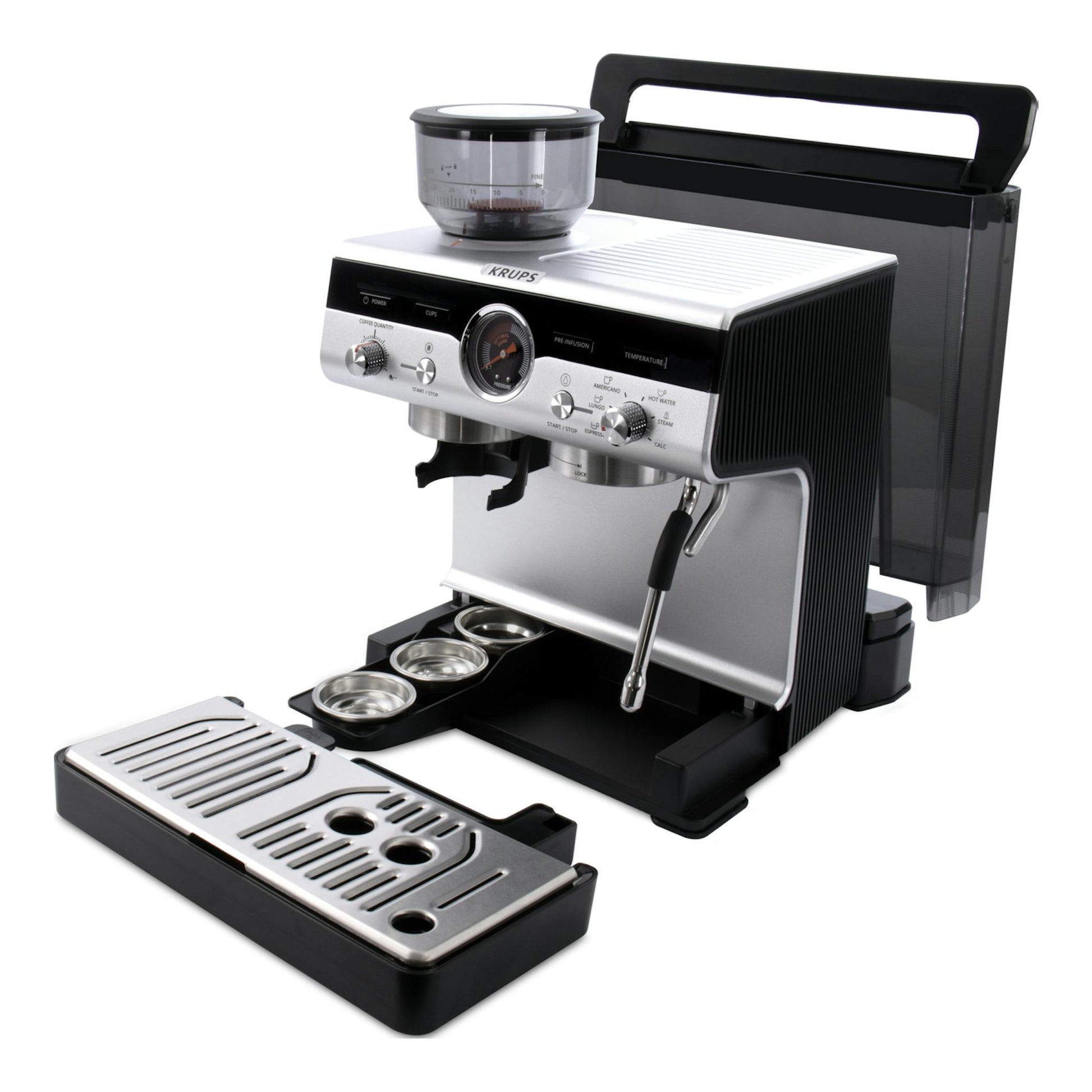 Cafetera espresso Krups XP801T10 negra y plateada, vista frontal en tres cuartos con molinillo integrado.