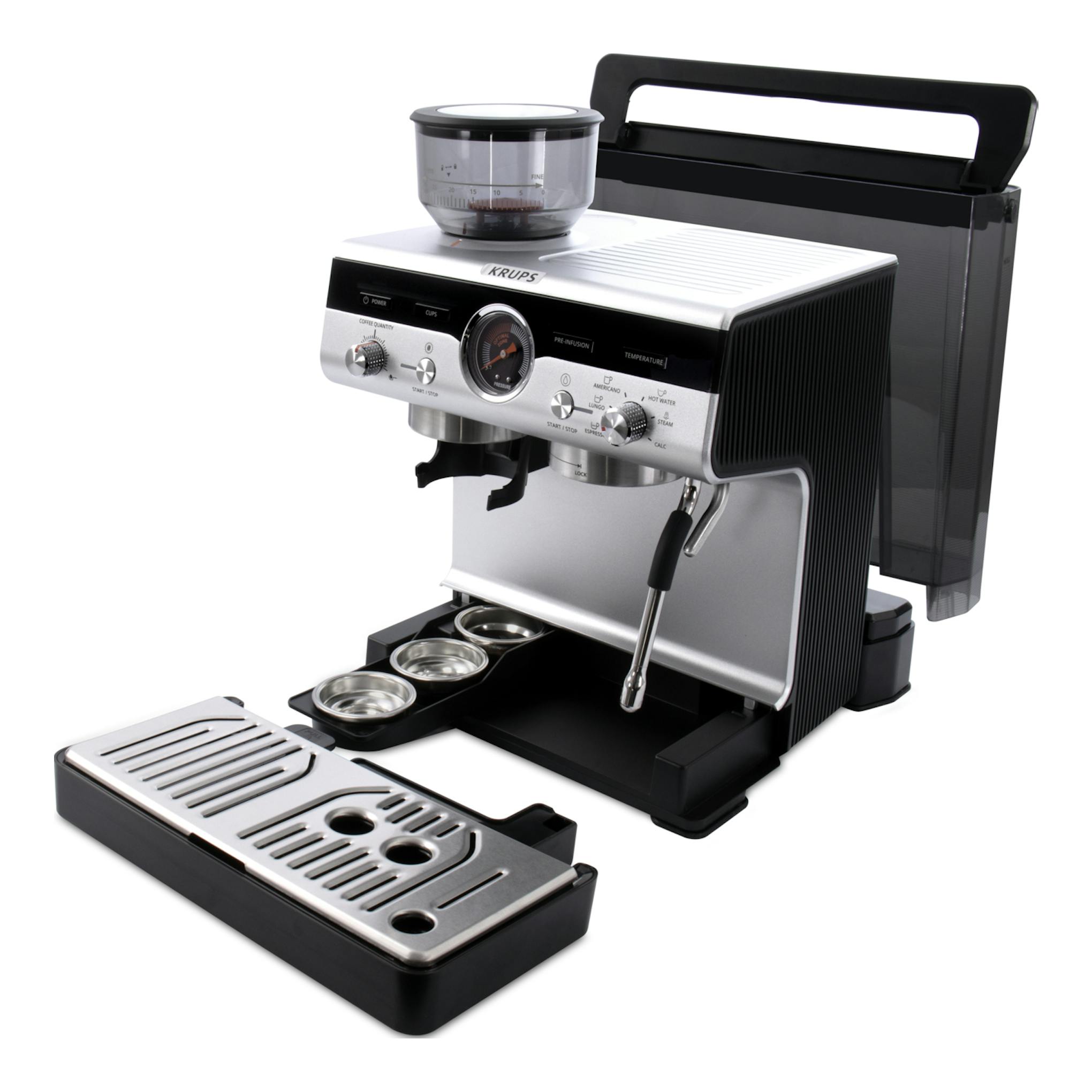 Cafetera espresso Krups XP801T10 negra y plateada, vista frontal en tres cuartos con molinillo integrado.