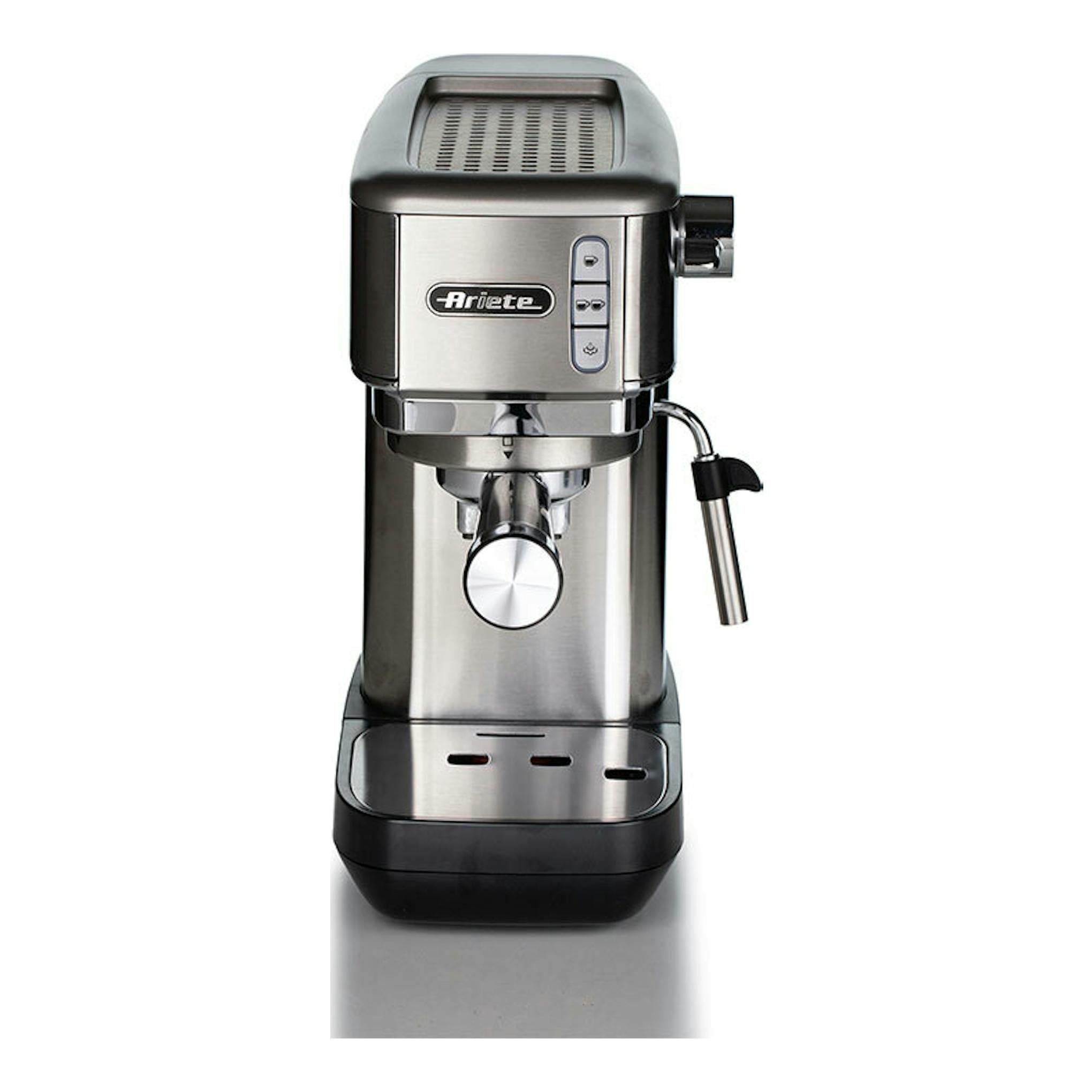 Cafetera espresso Ariete Slim de metal, vista frontal, en acero inoxidable y negro.