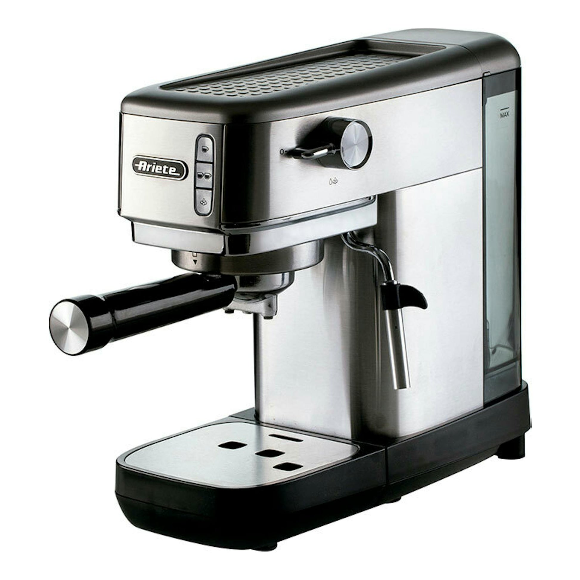 Cafetera espresso Ariete Slim de metal, vista frontal lateral derecha, en acero y negro.