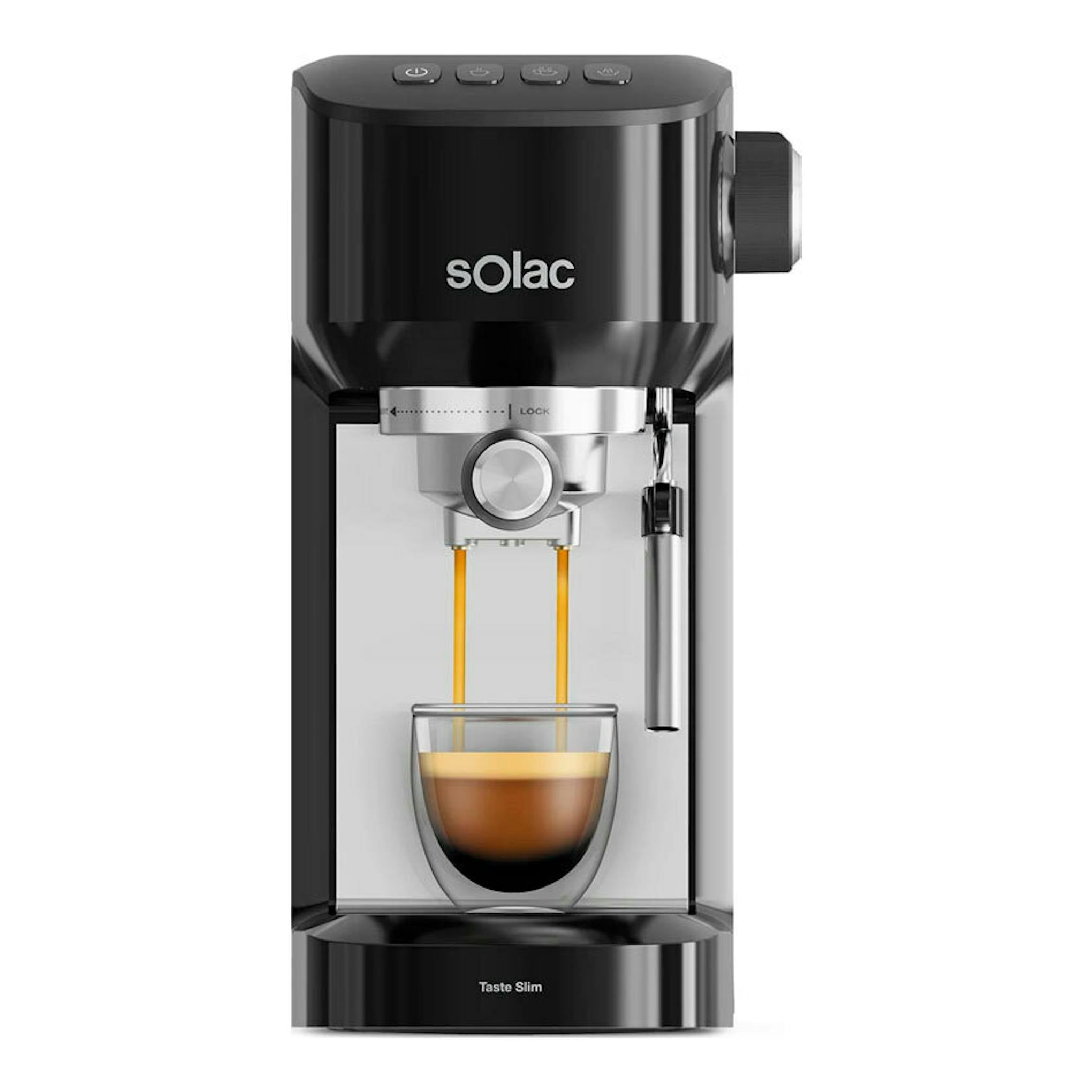 Cafetera espresso Solac CE4511 negra, vista frontal, con taza bajo el portafiltro y salida de café.