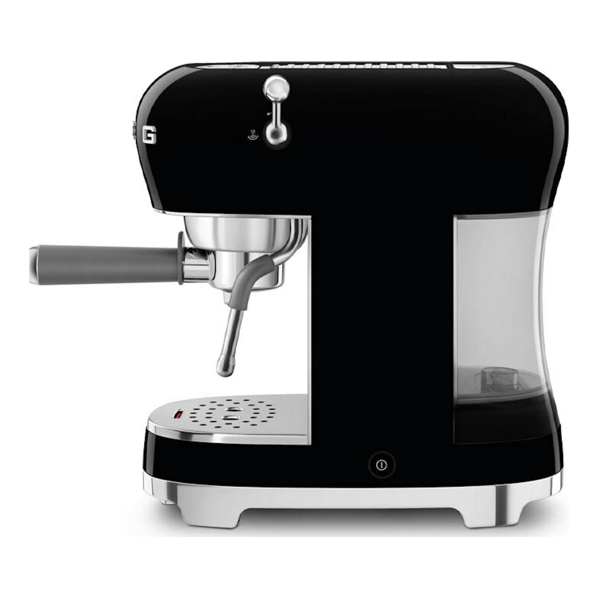 Cafetera espresso Smeg ECF02BLEU negra, vista frontal, con portafiltro y depósito lateral transparente.