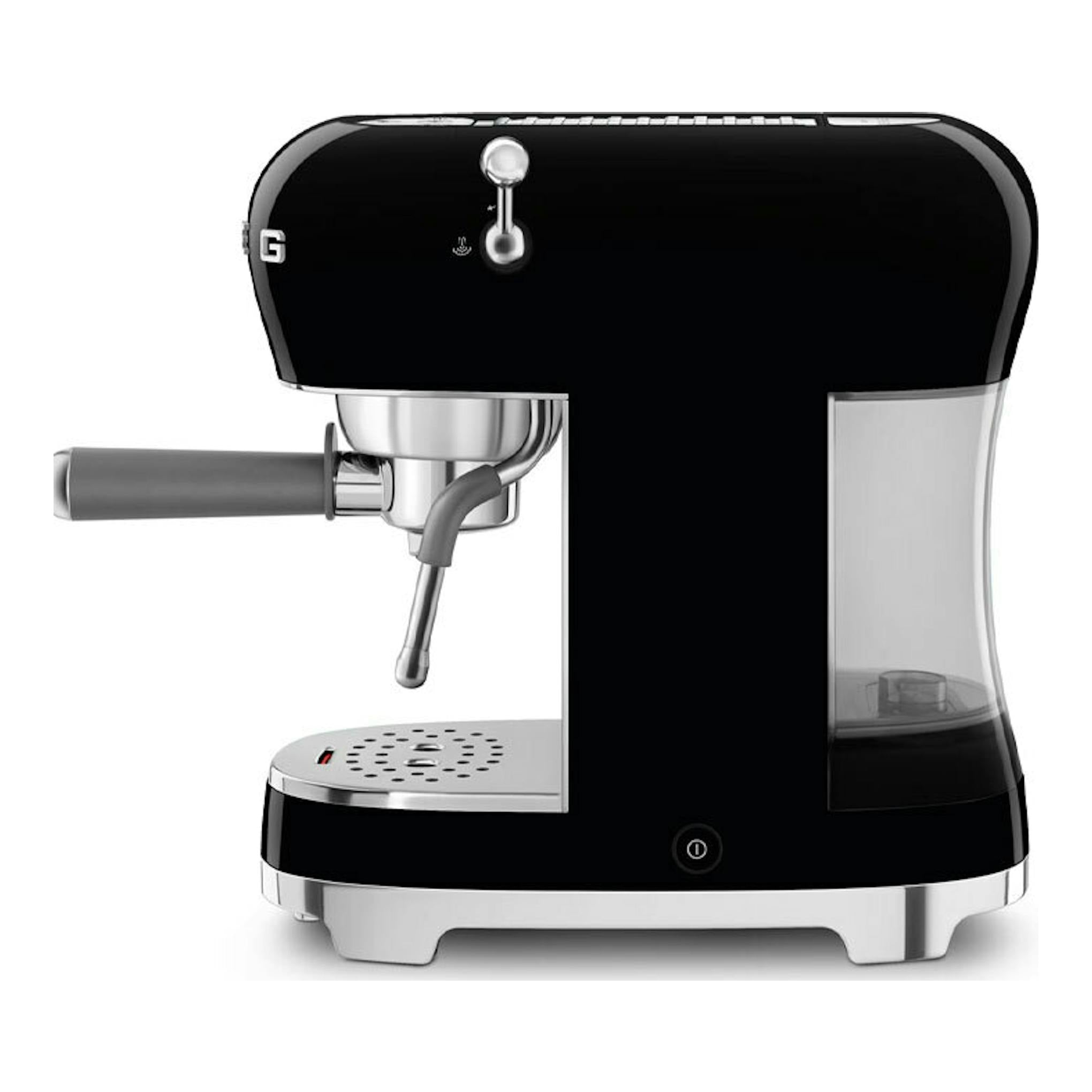 Cafetera espresso Smeg ECF02BLEU negra, vista frontal, con portafiltro y depósito lateral transparente.
