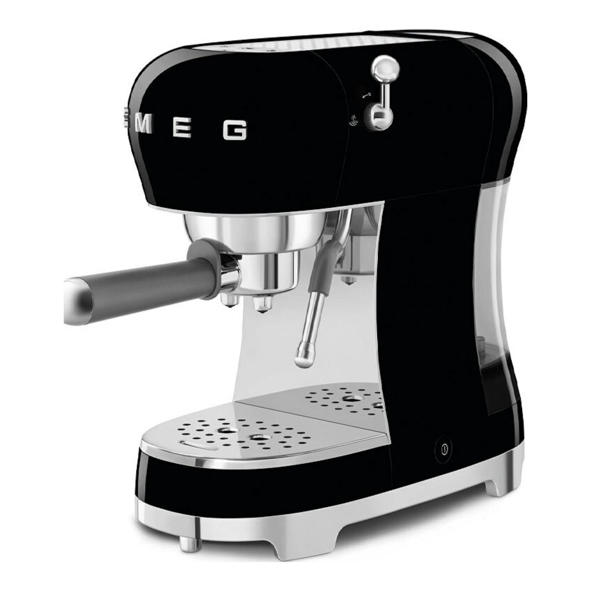 Cafetera espresso Smeg ECF02BLEU negra, vista frontal en tres cuartos, con portafiltro y vaporizador.