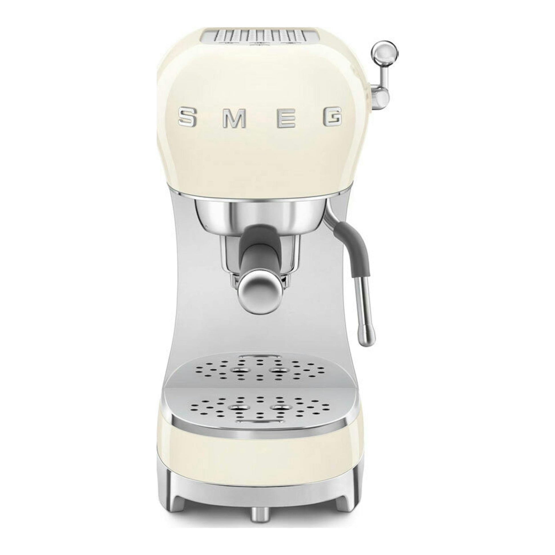 Cafetera espresso Smeg ECF02CREU crema, vista frontal, con detalles metálicos y portafiltro visible.