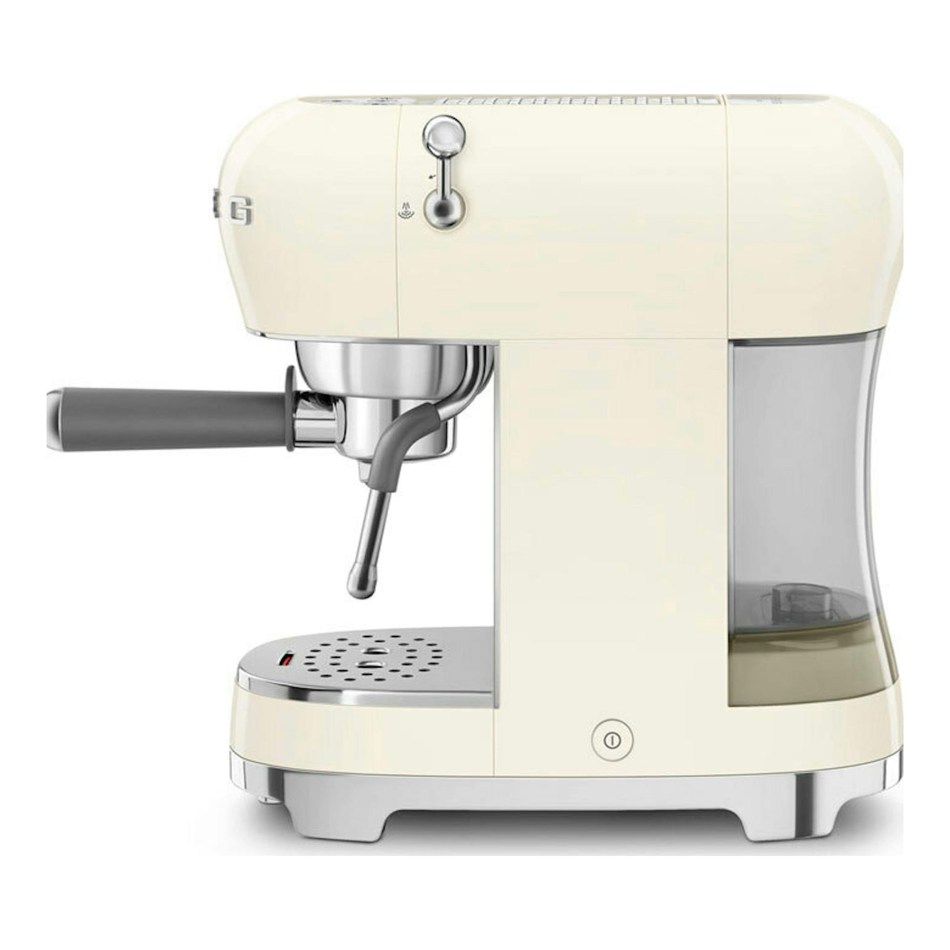 Cafetera espresso Smeg ECF02CREU color crema, vista frontal lateral izquierda, con portafiltro y depósito de agua.