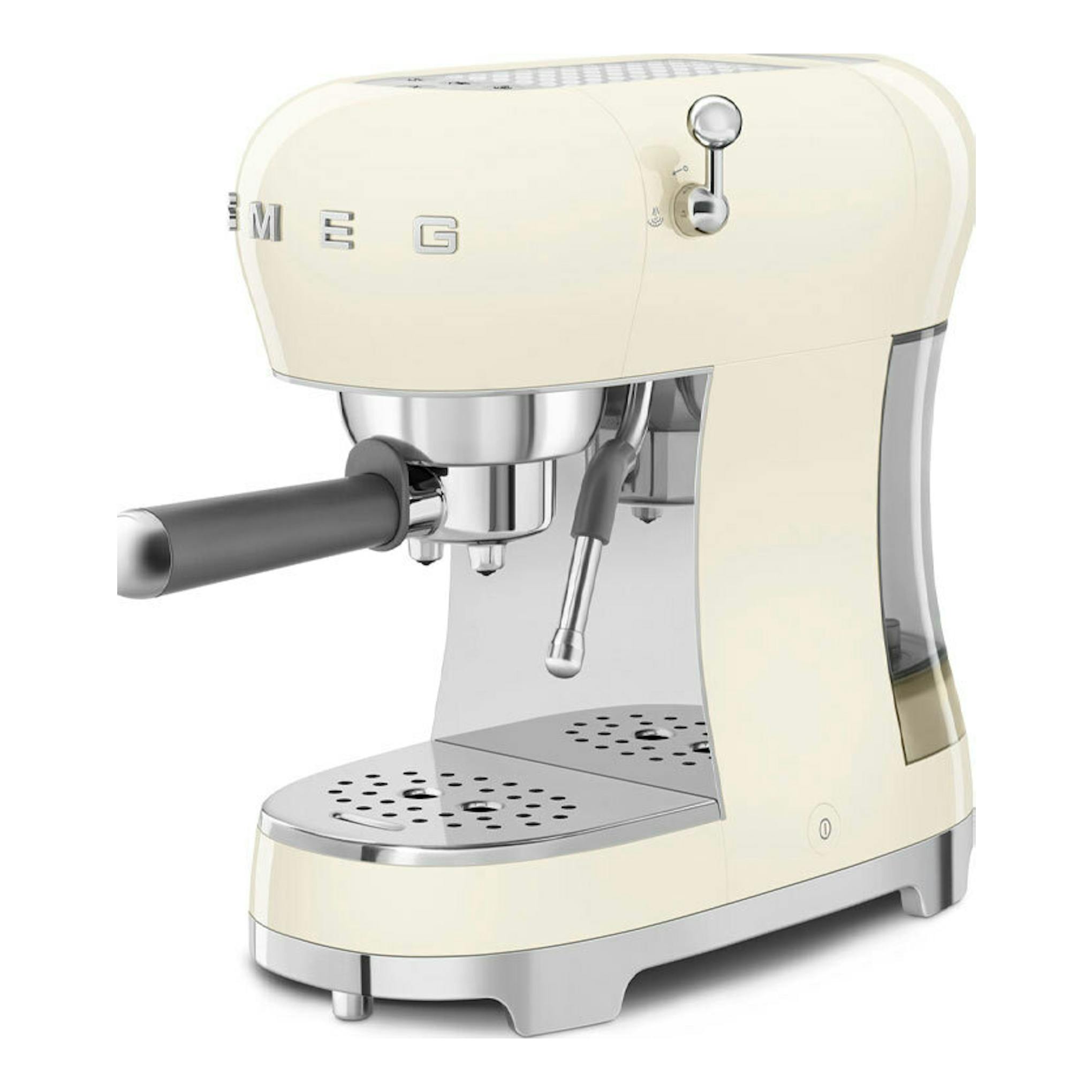 Cafetera espresso Smeg ECF02CREU crema, vista frontal en tres cuartos, con portafiltro y vaporizador.